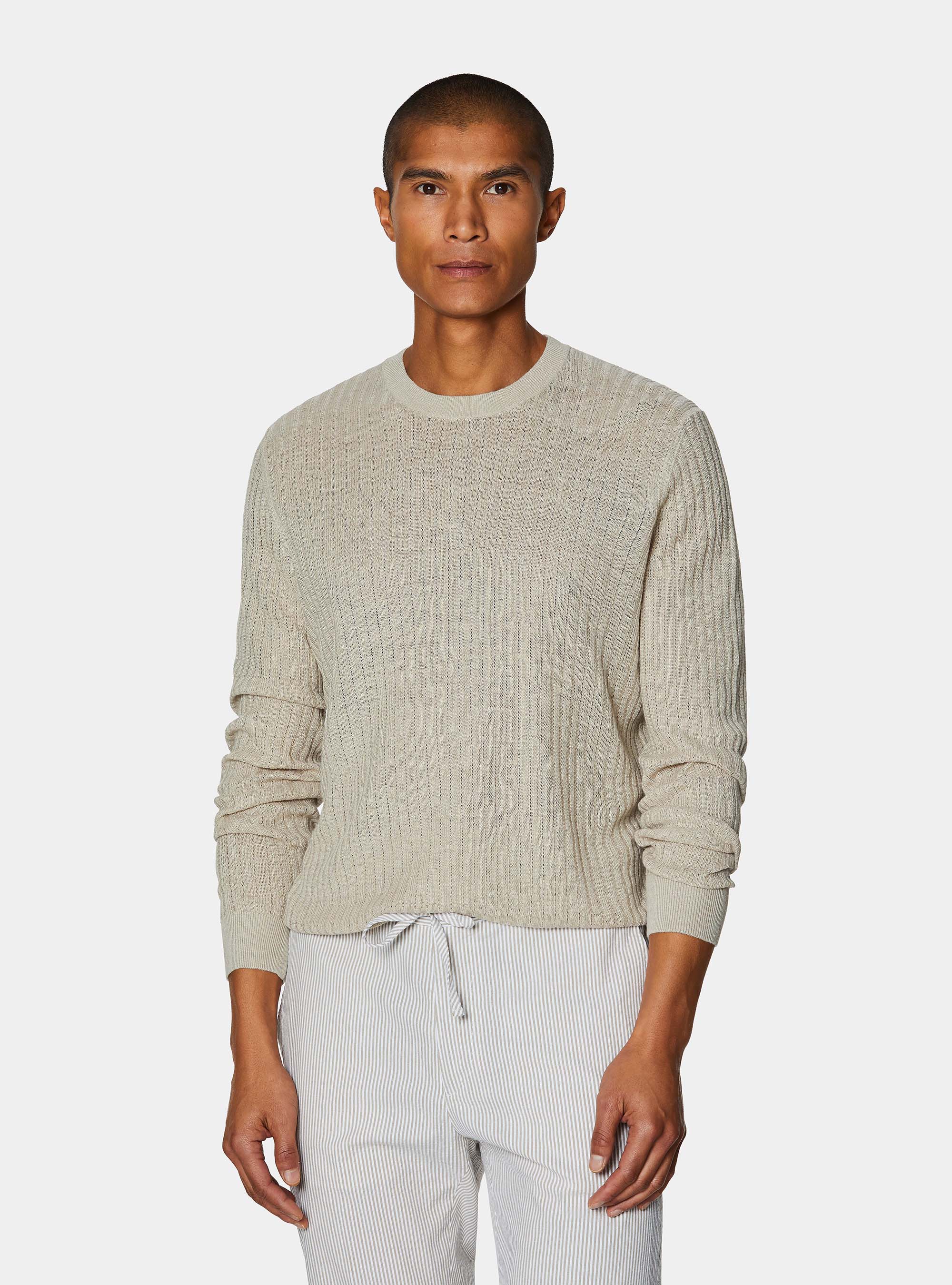 Maglia girocollo a costine in puro lino, SABBIA