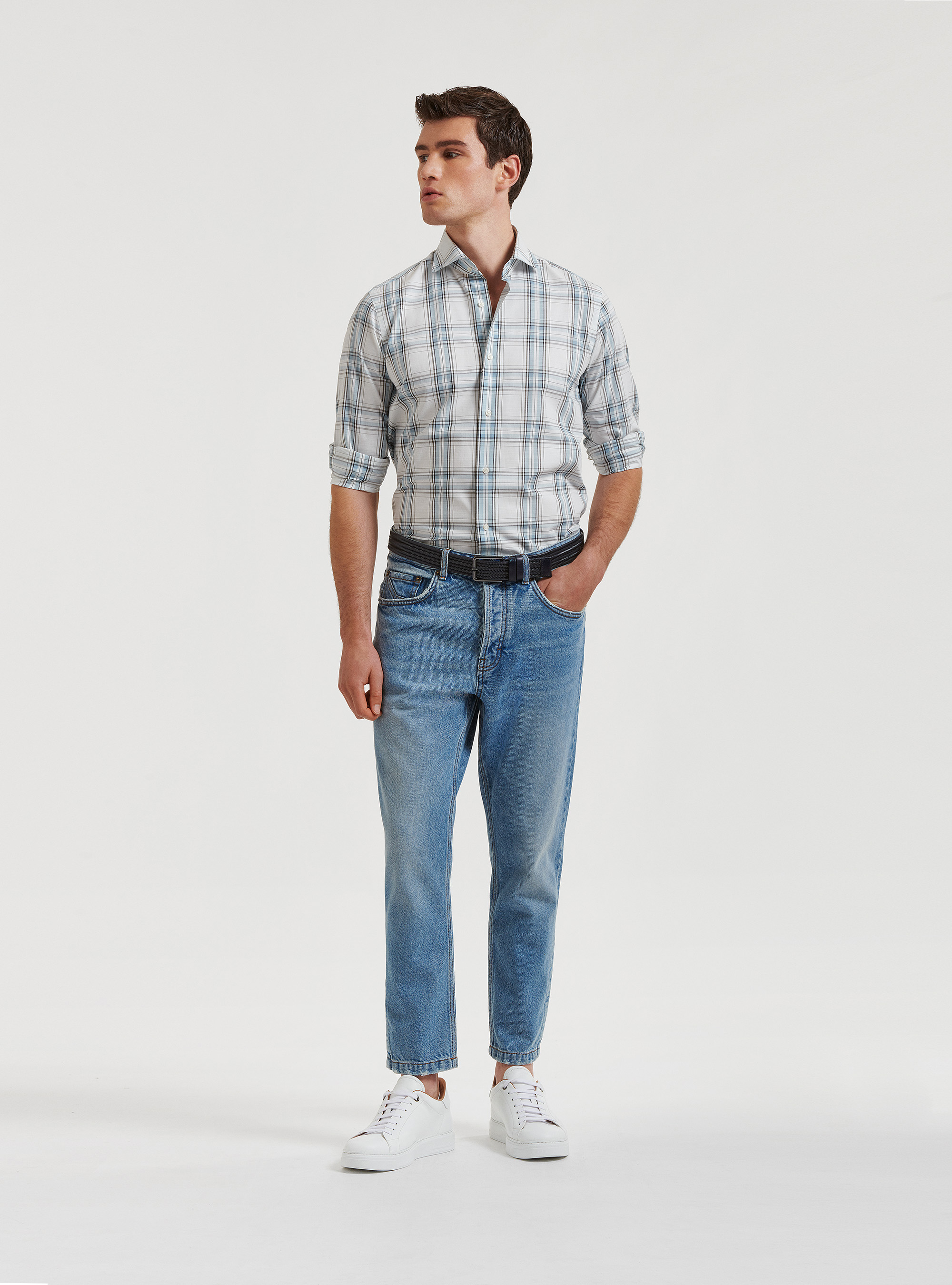 Camicia collo semi francese in puro cotone a quadri, AZZURRO