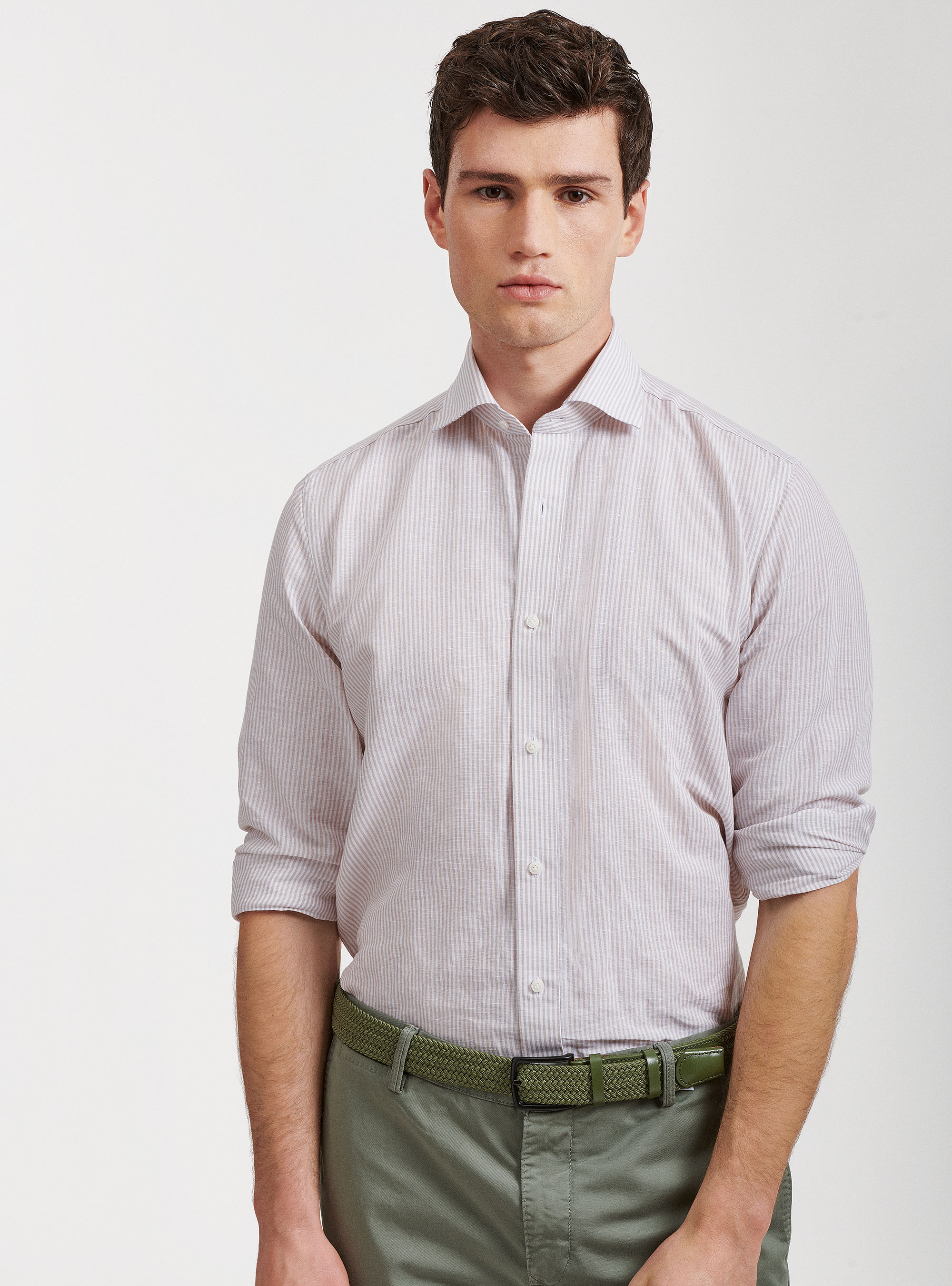 Camicia collo semi francese in lino e cotone rigato