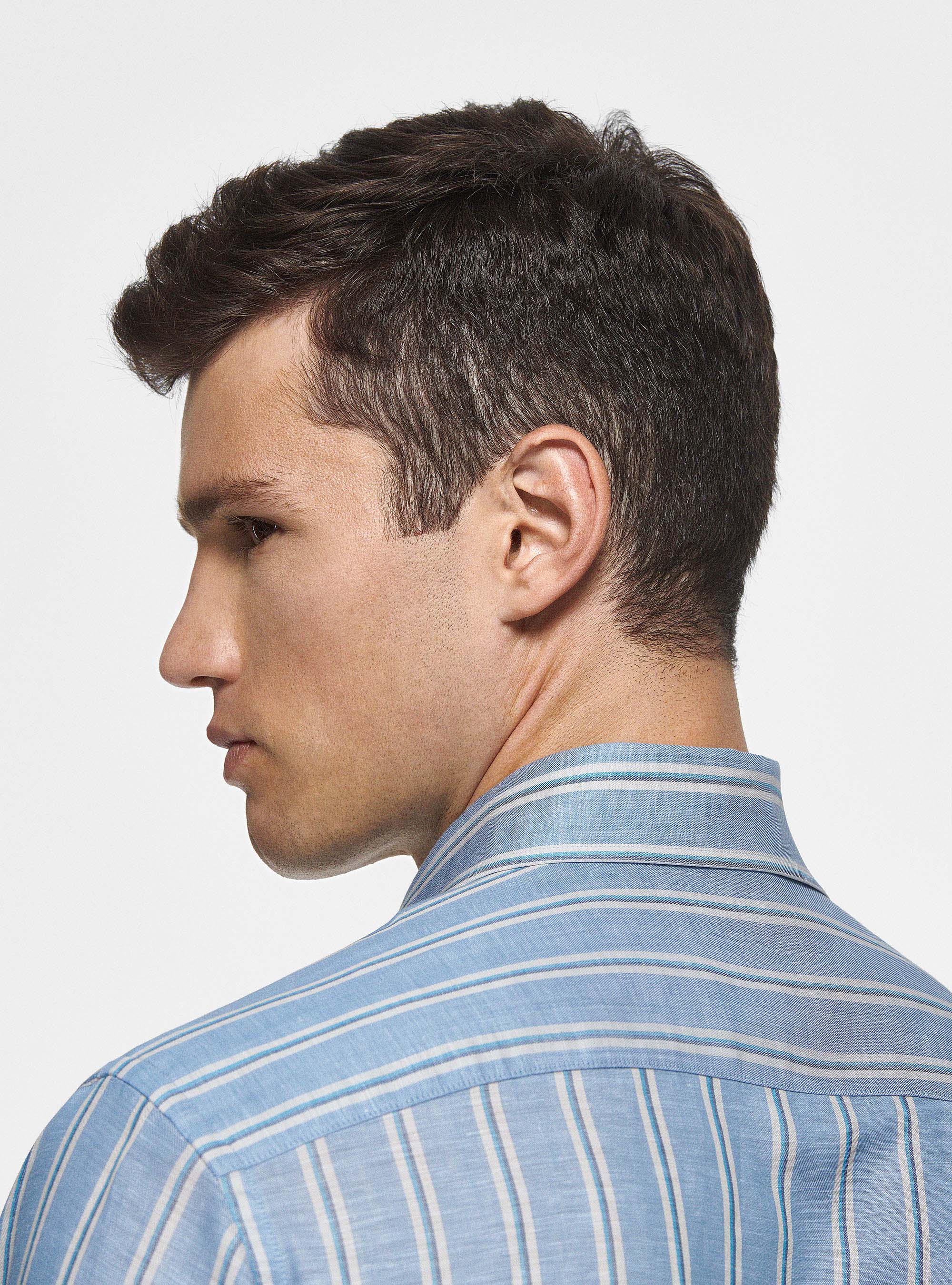 Camicia rigata in misto lino, AZZURRO