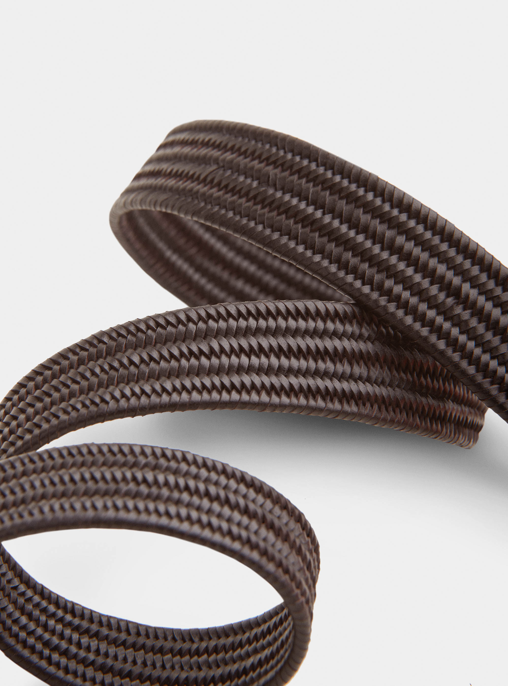 Cintura in pelle intrecciata stretch, MARRONE