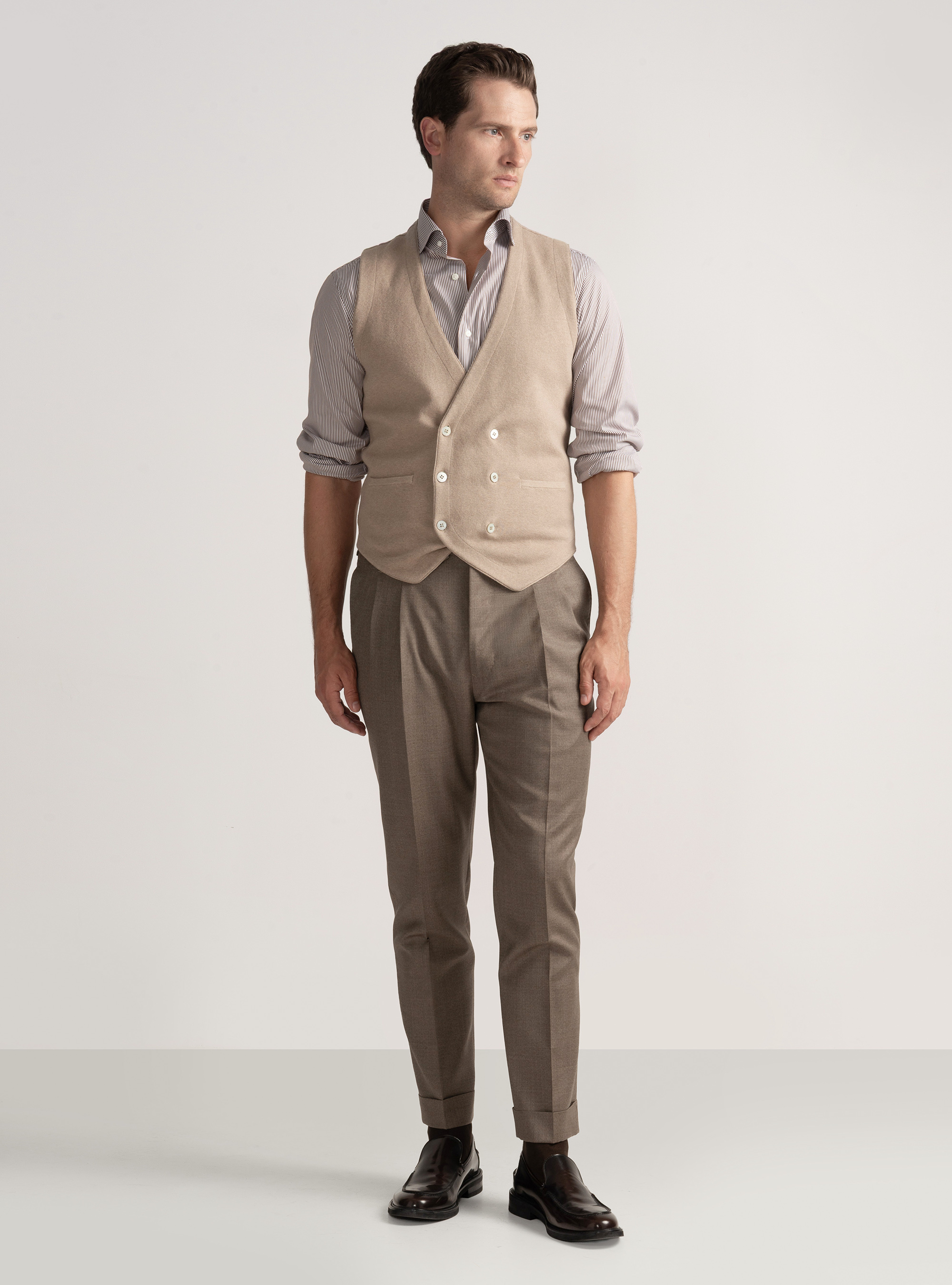 Gilet doppiopetto in maglia di cotone e cashmere, SABBIA