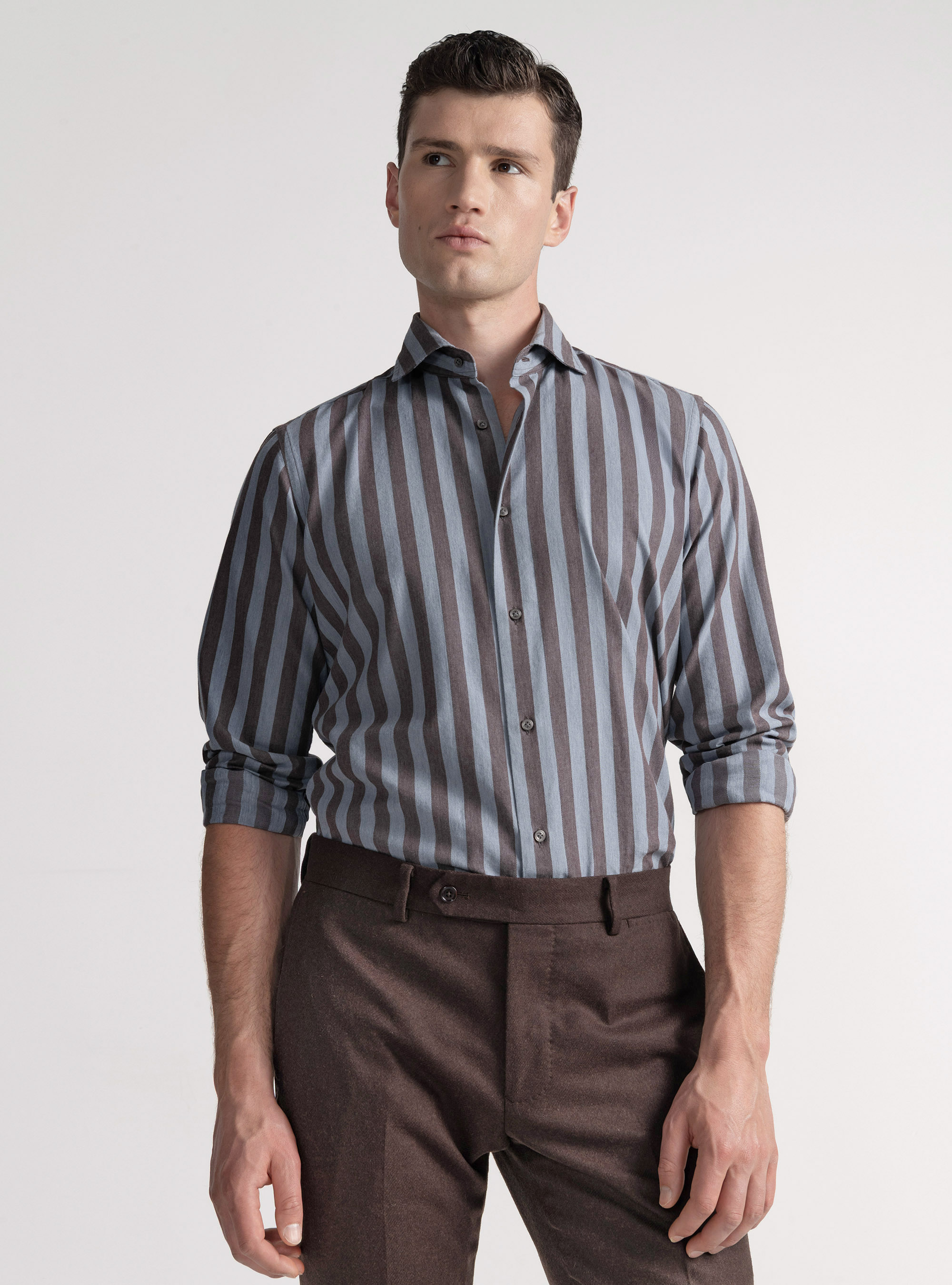 Striped cotton-blend flannel shirt, BROWN