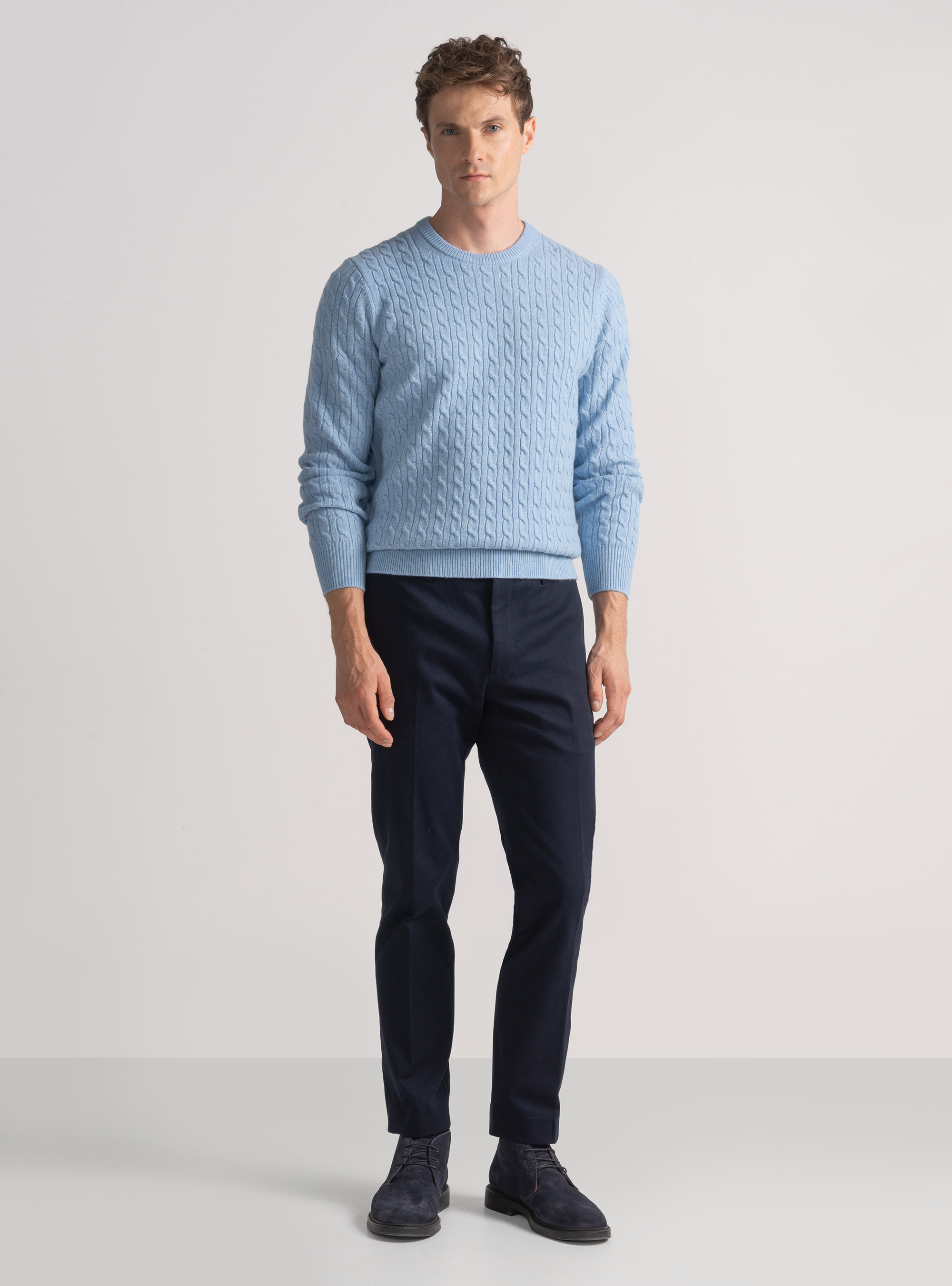 Crew-neck sweater with wool and cashmere braid, AZZURRO POLVERE 0283C