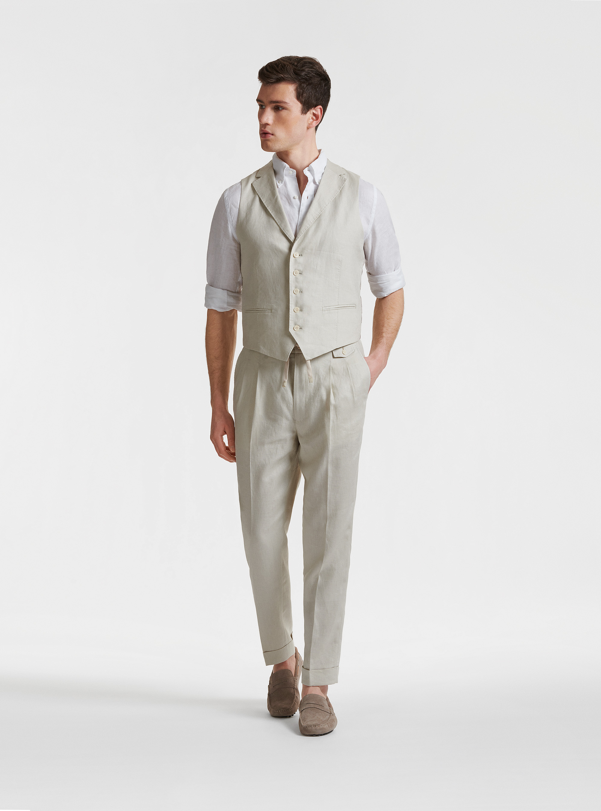 Gilet monopetto in puro lino con revers, ECRU