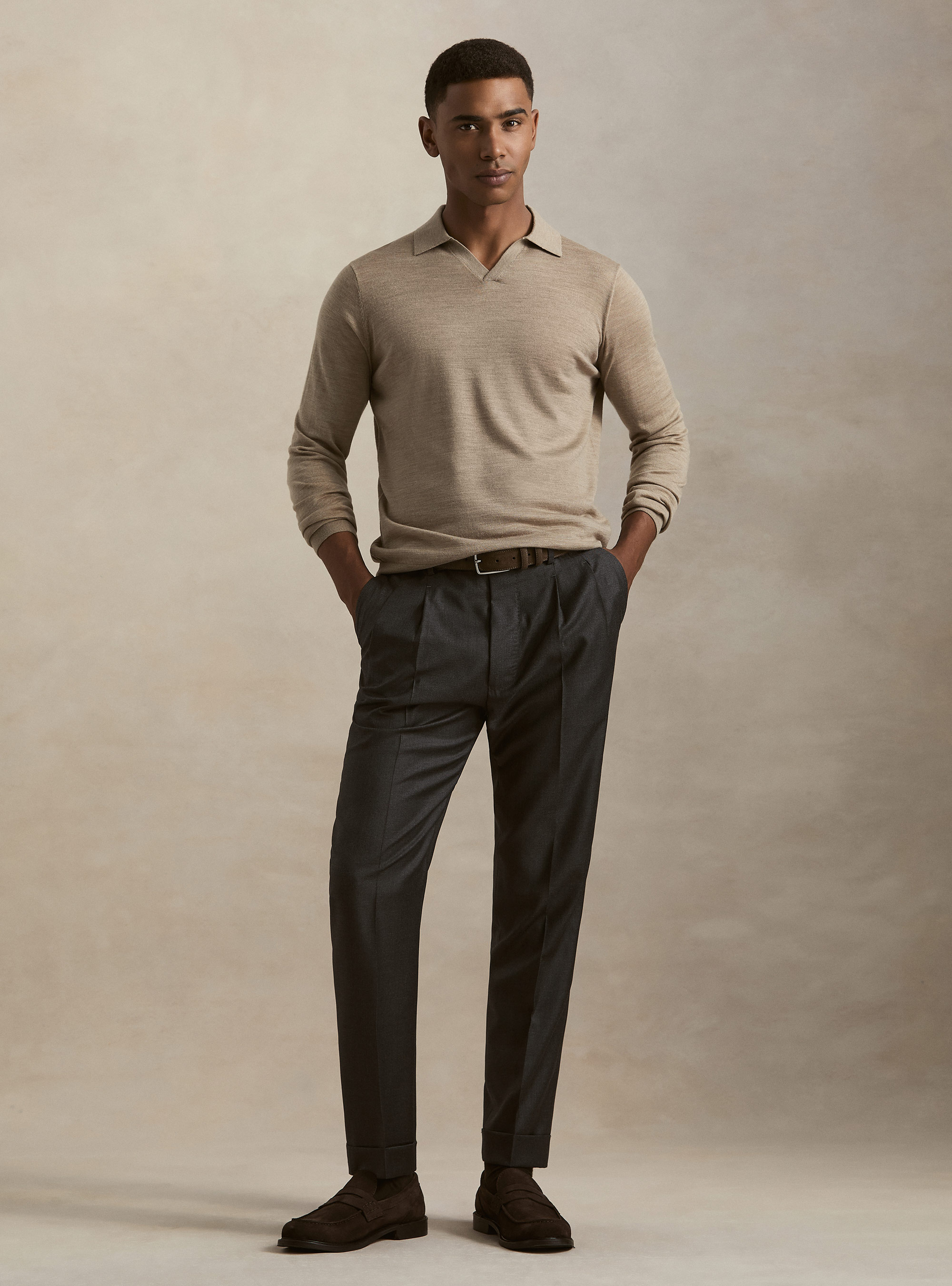 Polo collo senza bottoni in maglia lana merino, FANGO 0555C