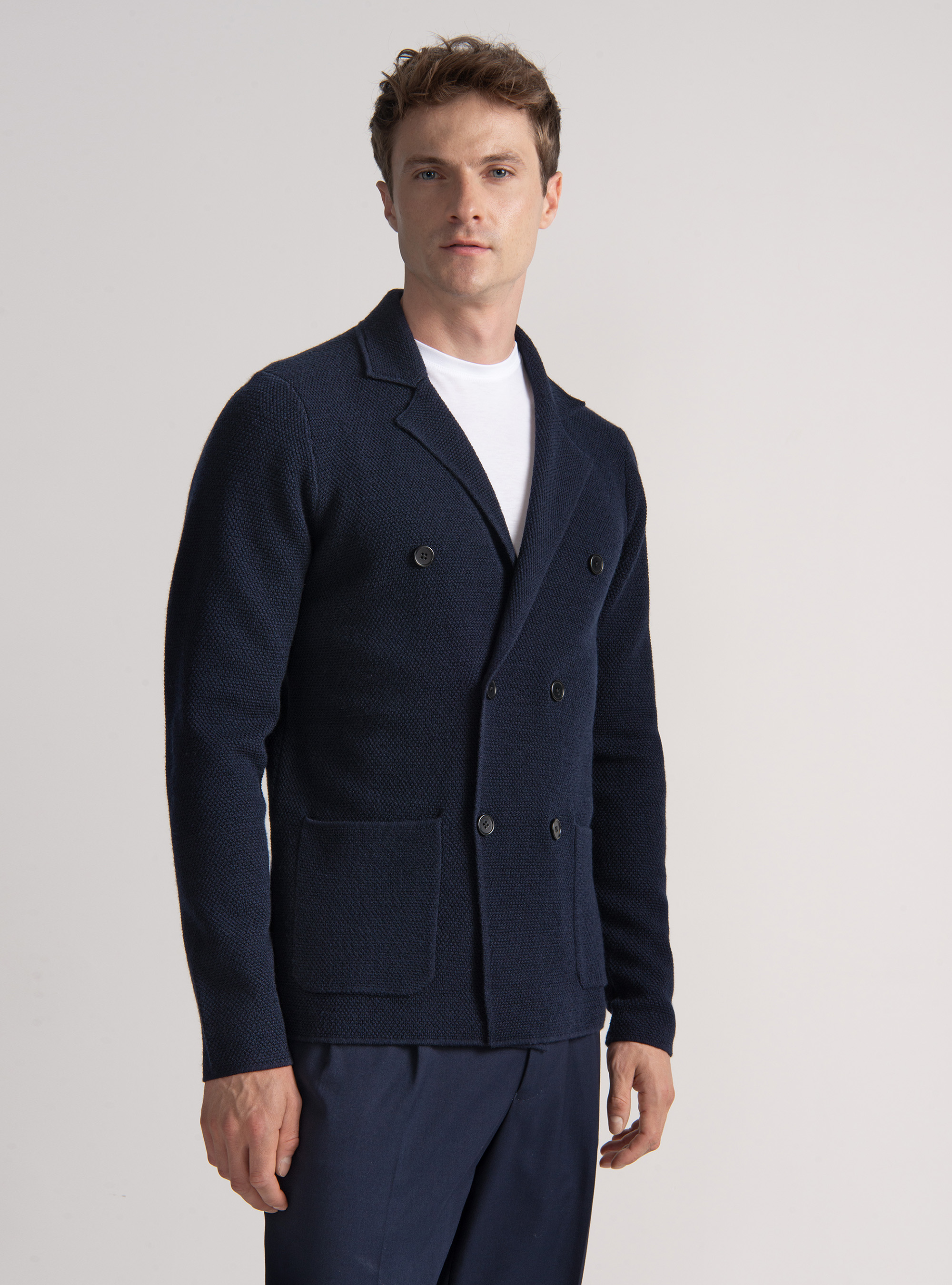 Giacca in maglia doppiopetto in lana merino, BLU NAVY