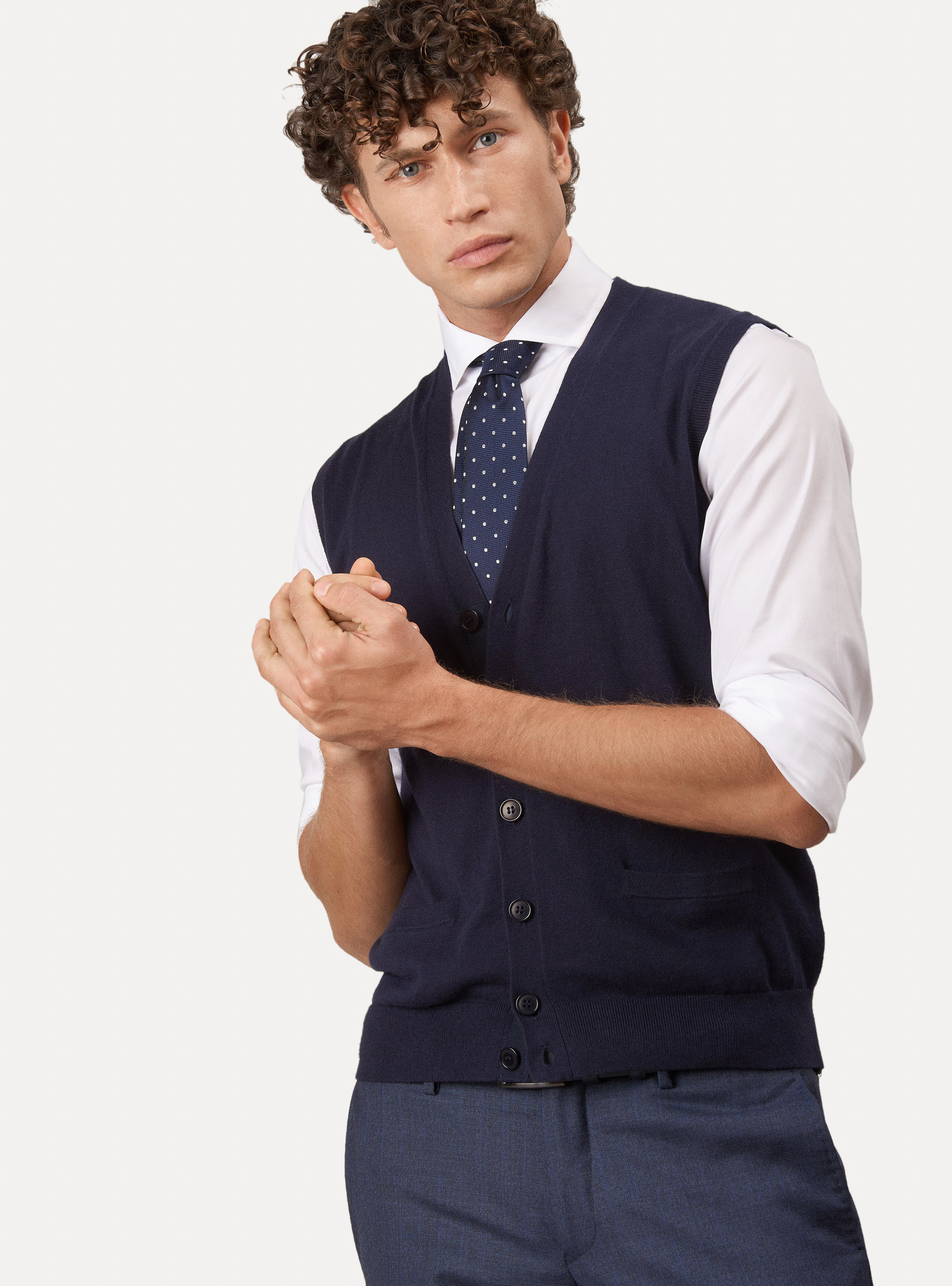 Gilet in maglia in cotone seta e cashmere, BLU NAVY