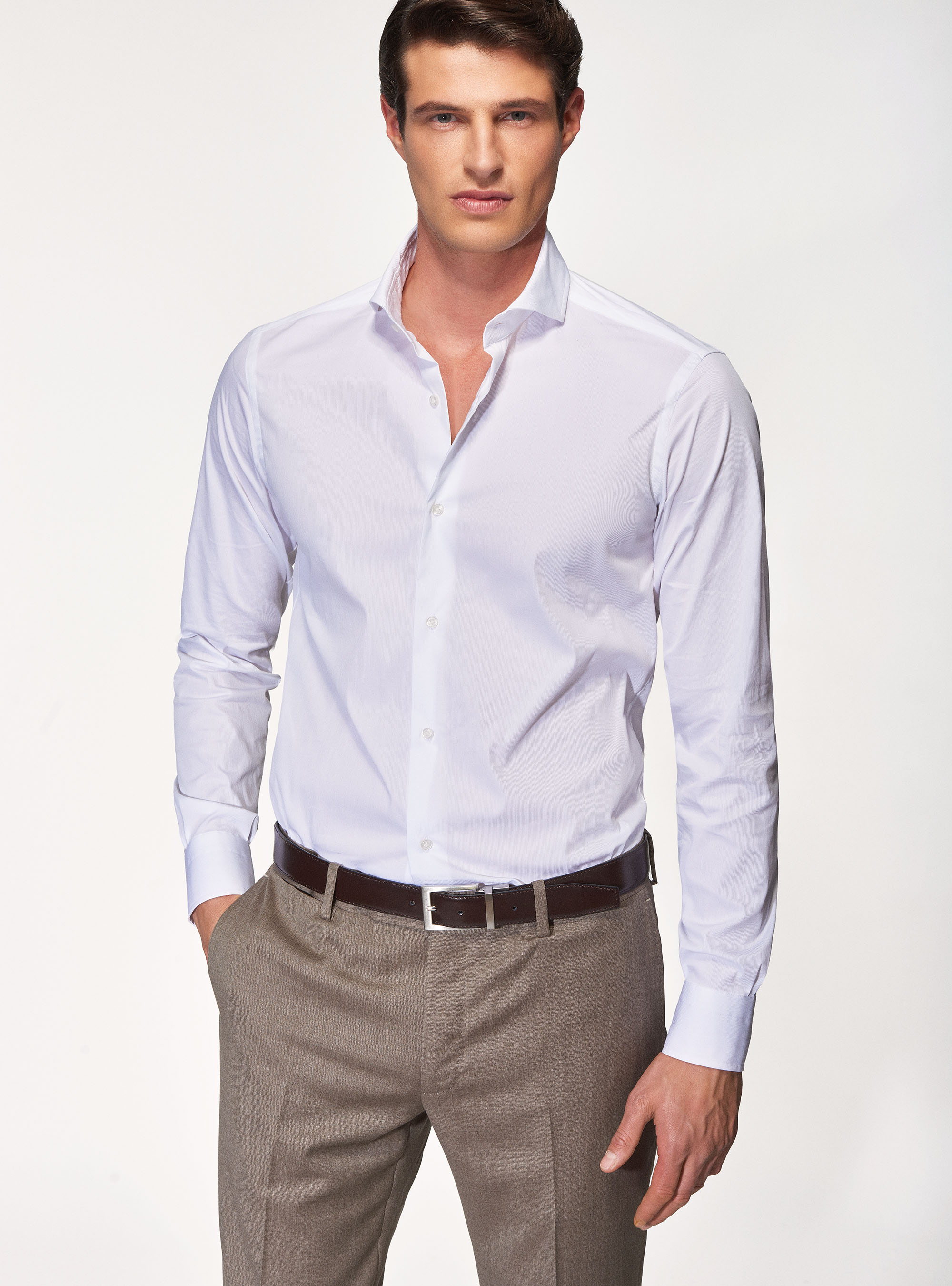 Camicia slim fit in piquet di cotone stretch, BIANCO