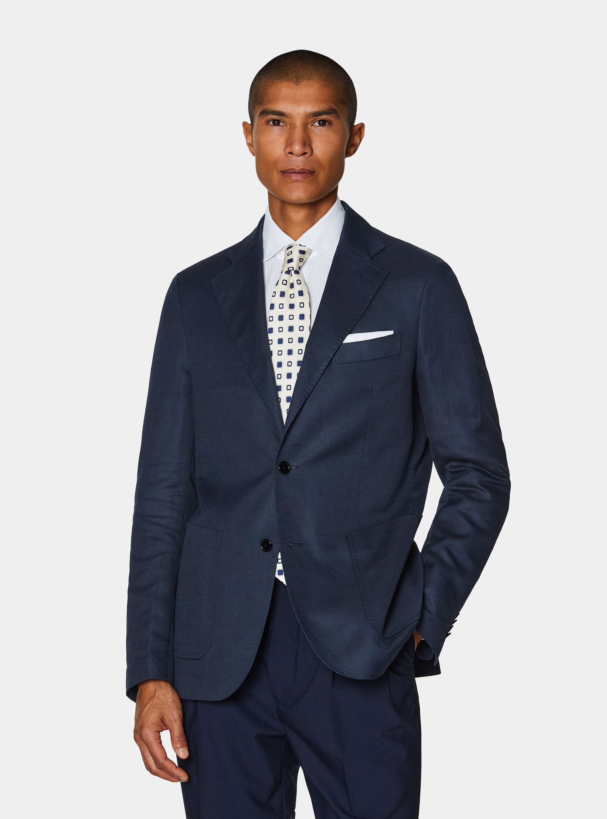 Giacca in cotone e lino, BLU NAVY