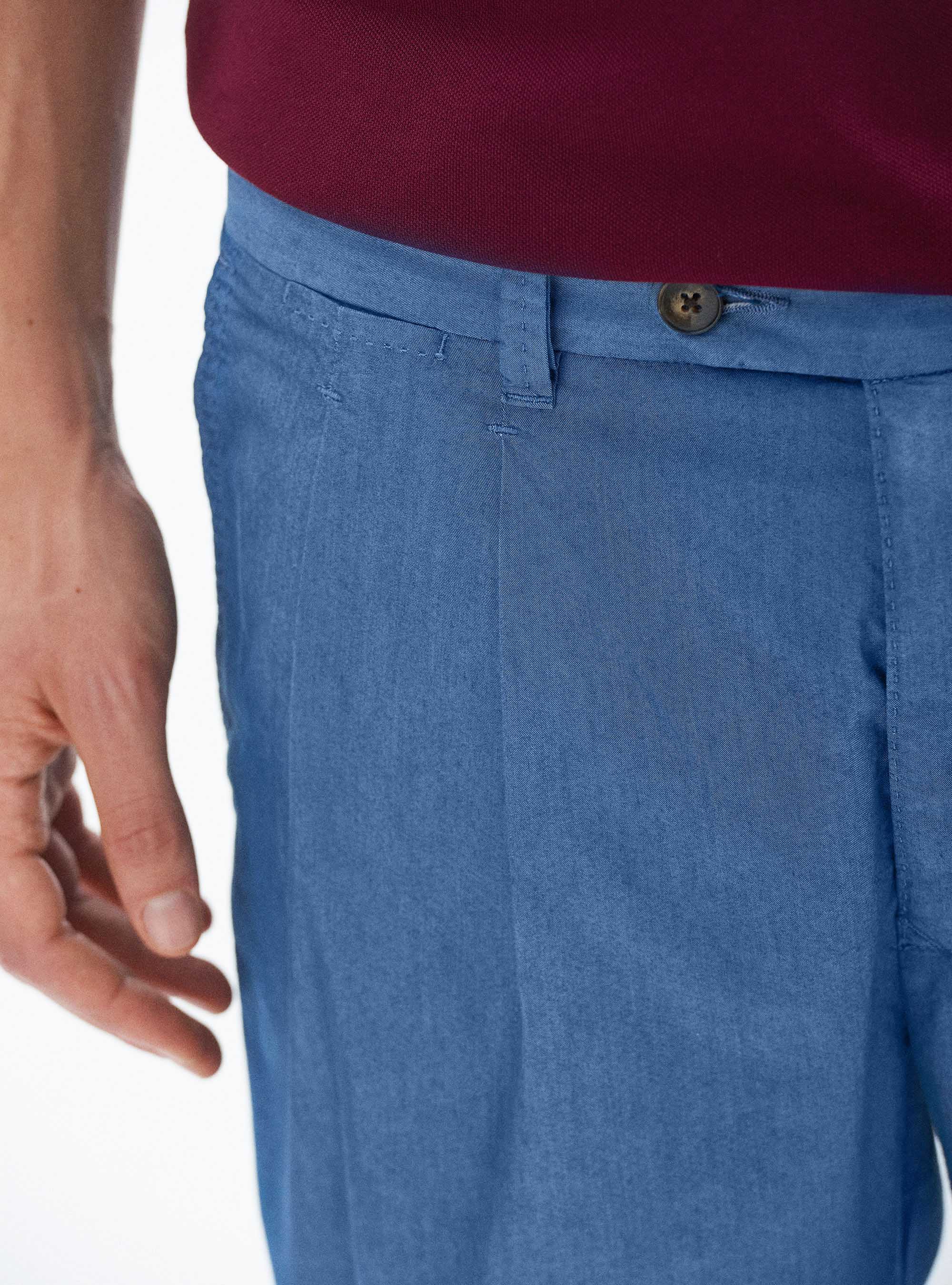 Pantalon &agrave; double plis en coton twill, BLEU