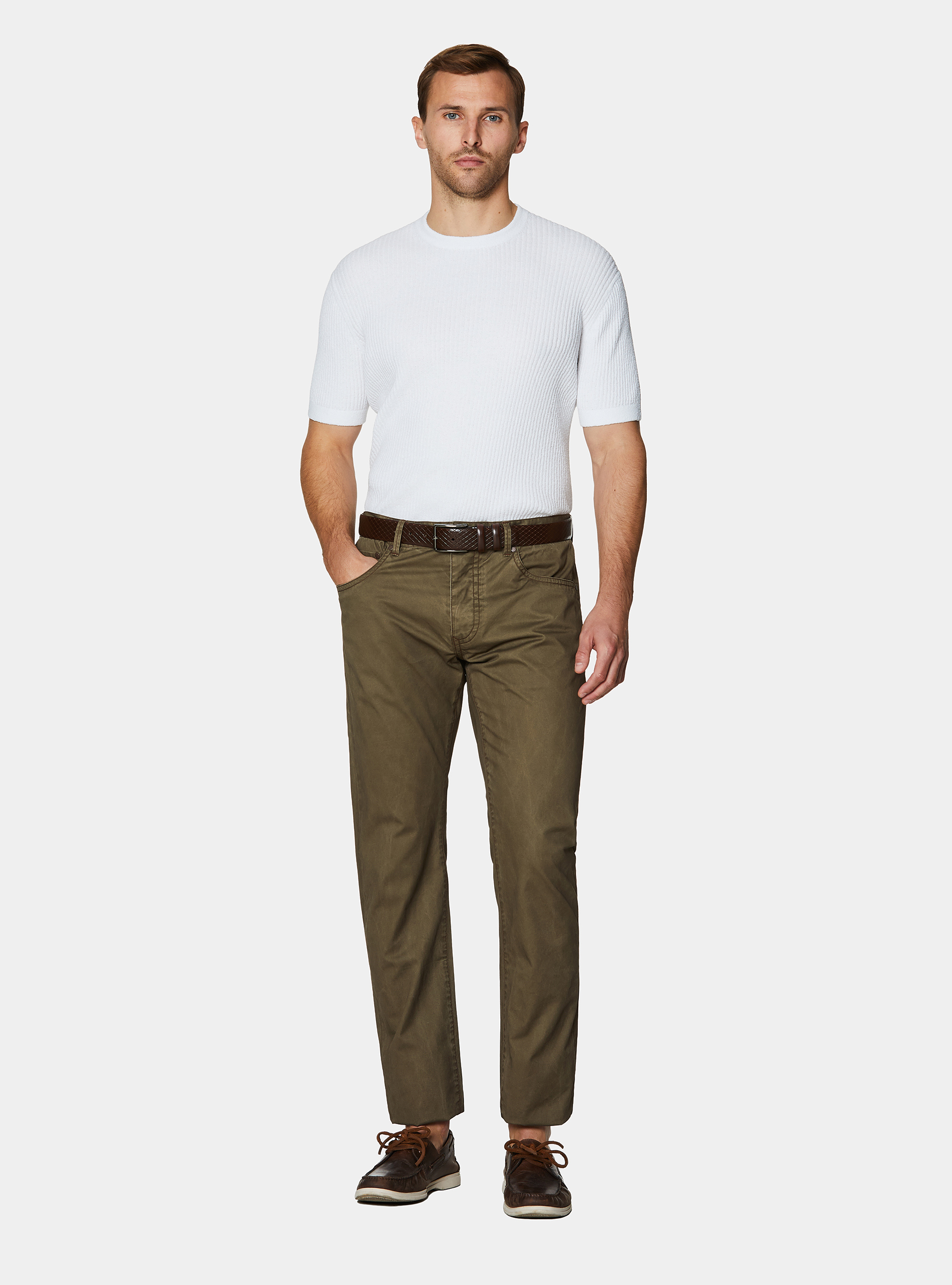 Pantaloni slim fit in cotone lavato, OLIVA