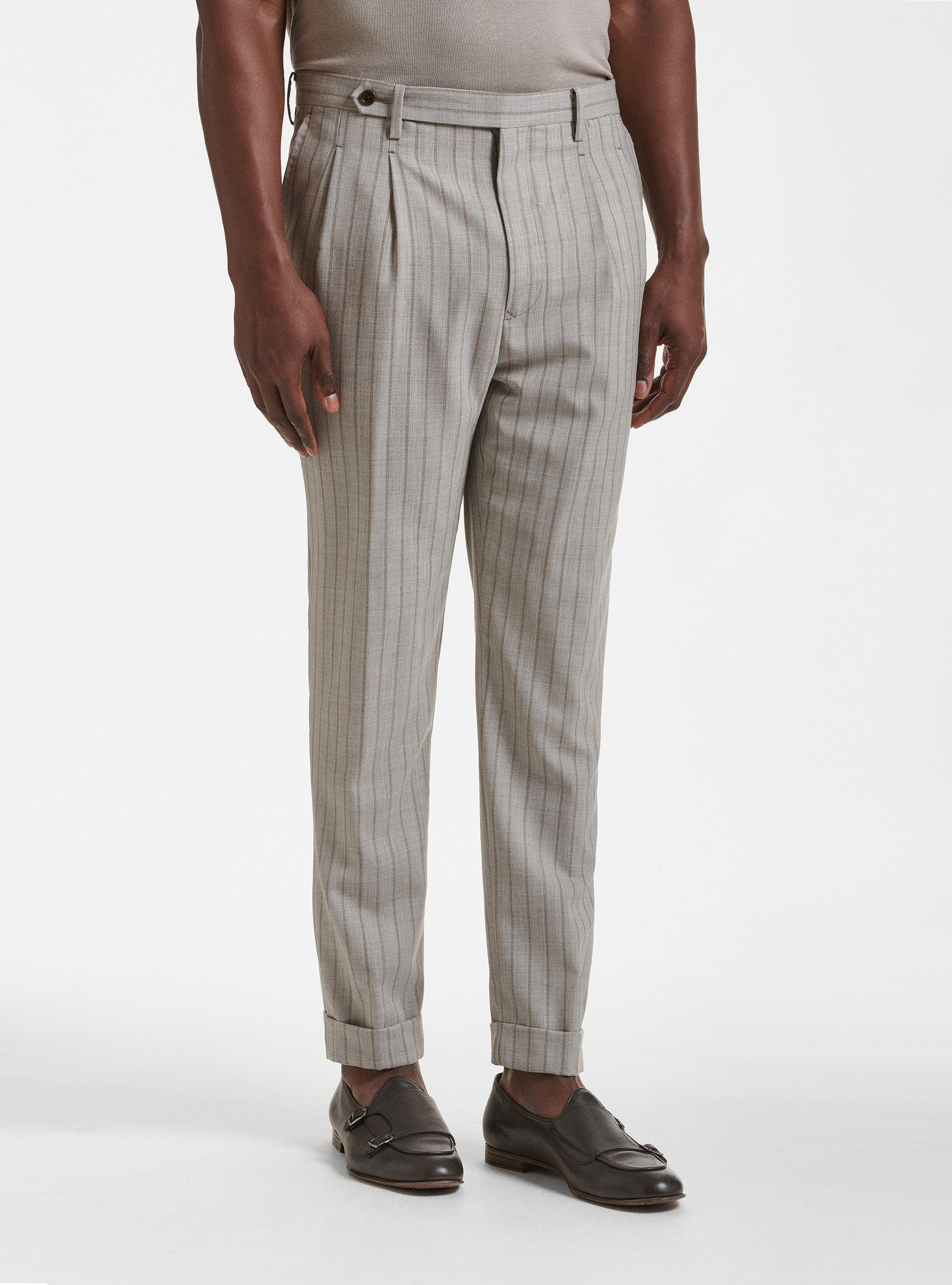 Pantaloni con doppia pince in pura lana rigata