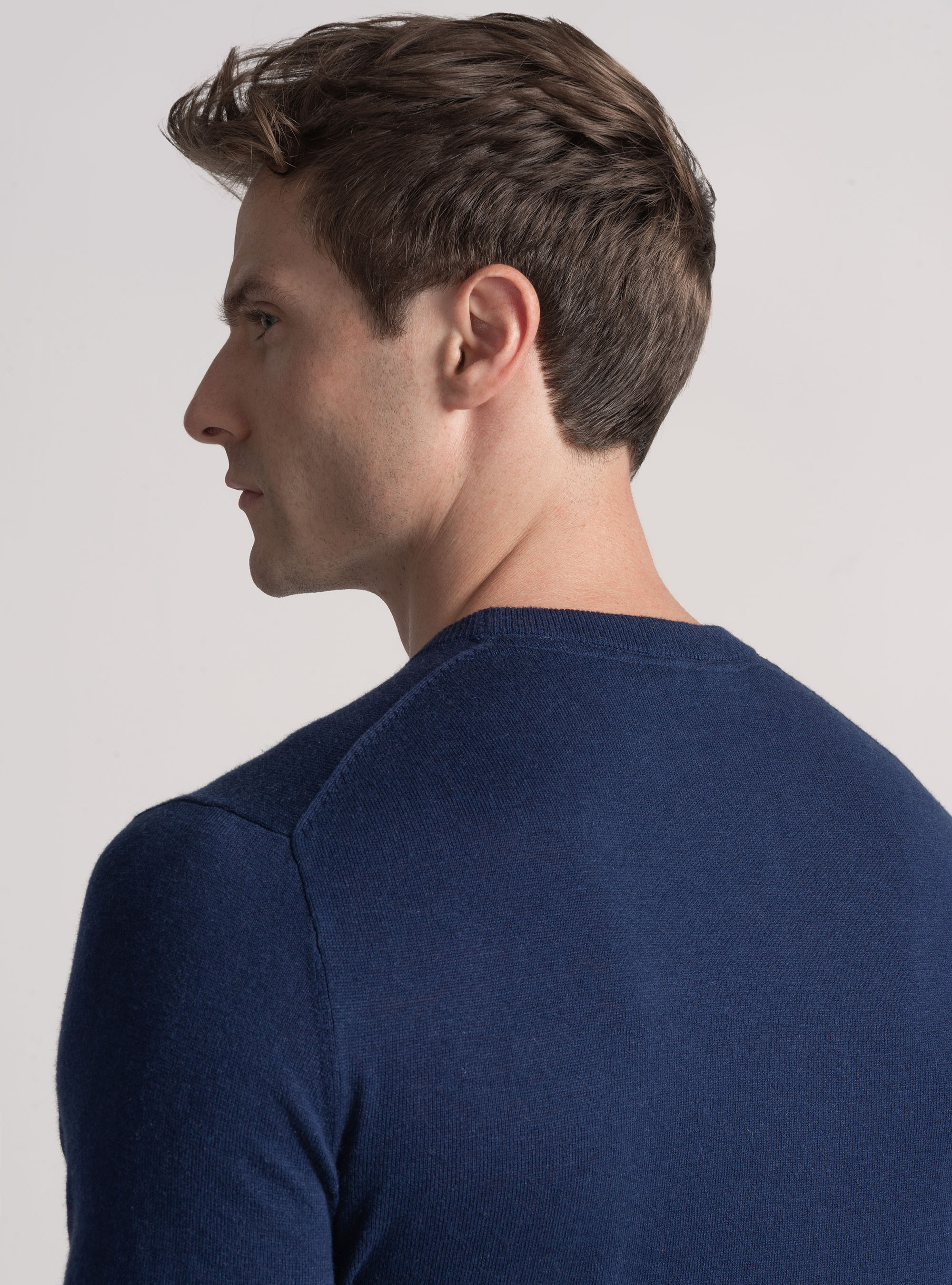 Punto de cuello redondo de algodón, seda y cachemira, AZUL TINTA
