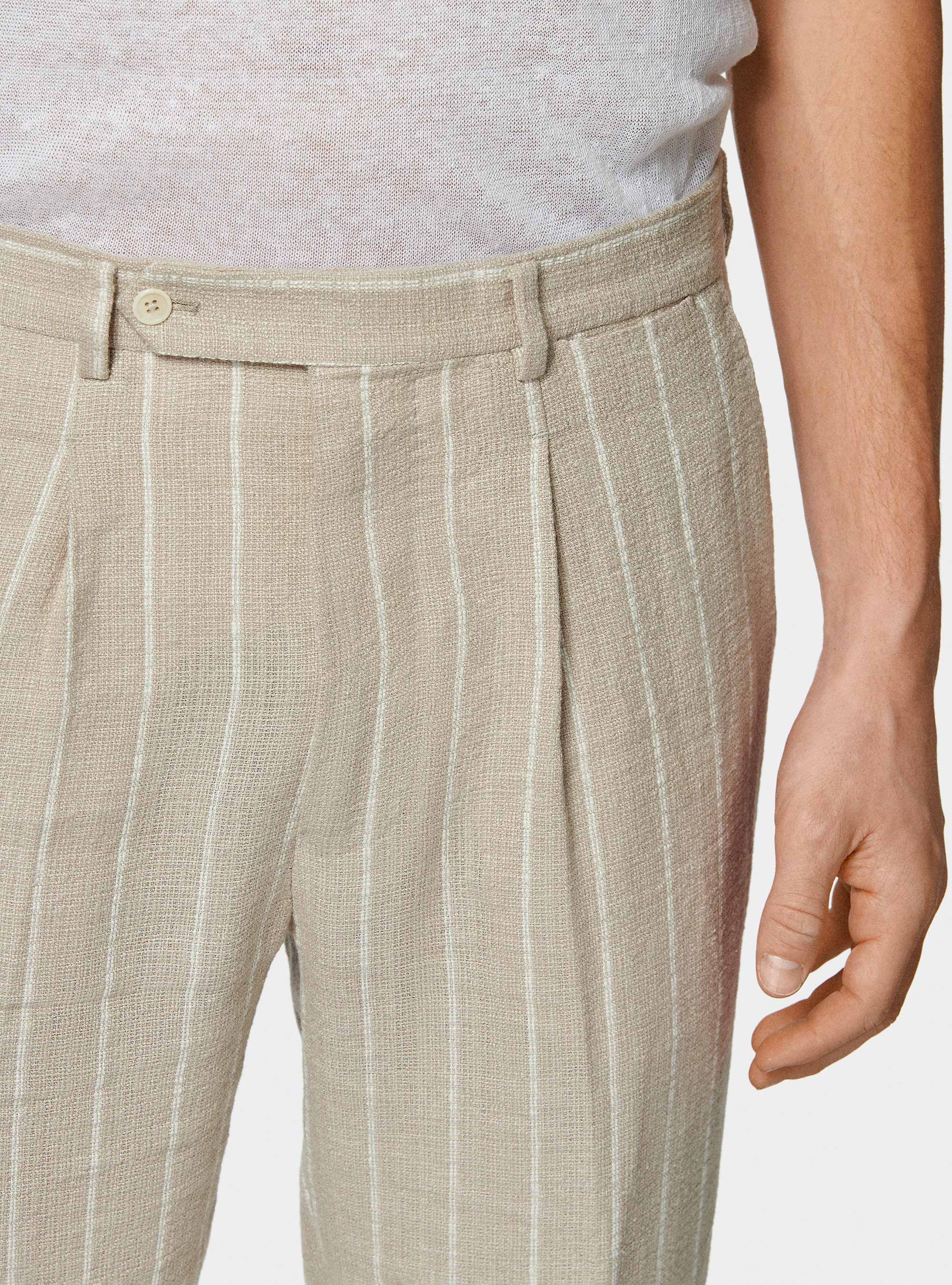 Pure linen crepe striped suit trousers, SAND