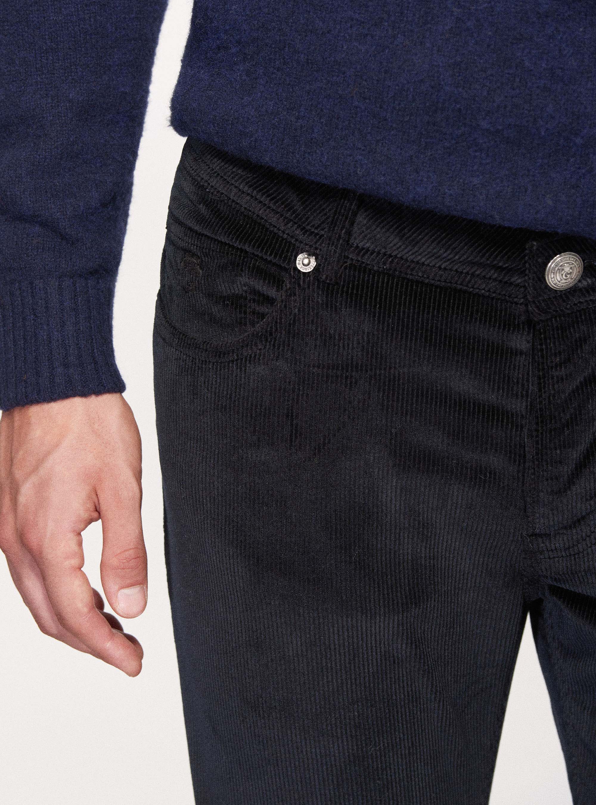 Pantaloni cinque tasche in velluto di cotone stretch, BLU NAVY