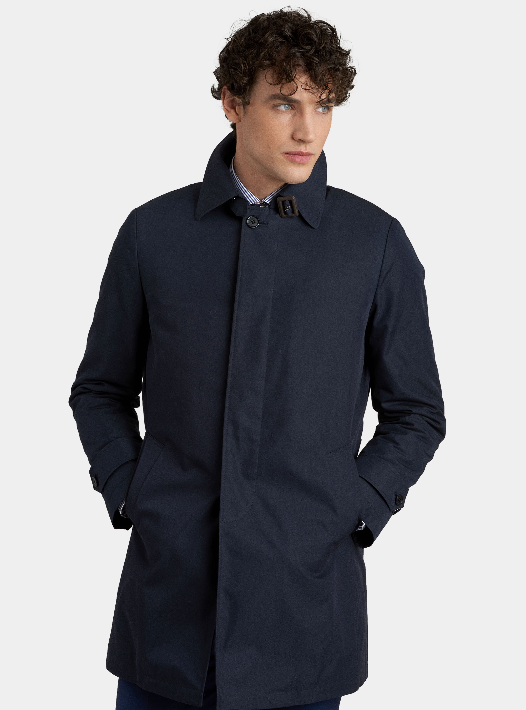 Single-breasted raincoat in technical fabric, NAVY BLUE