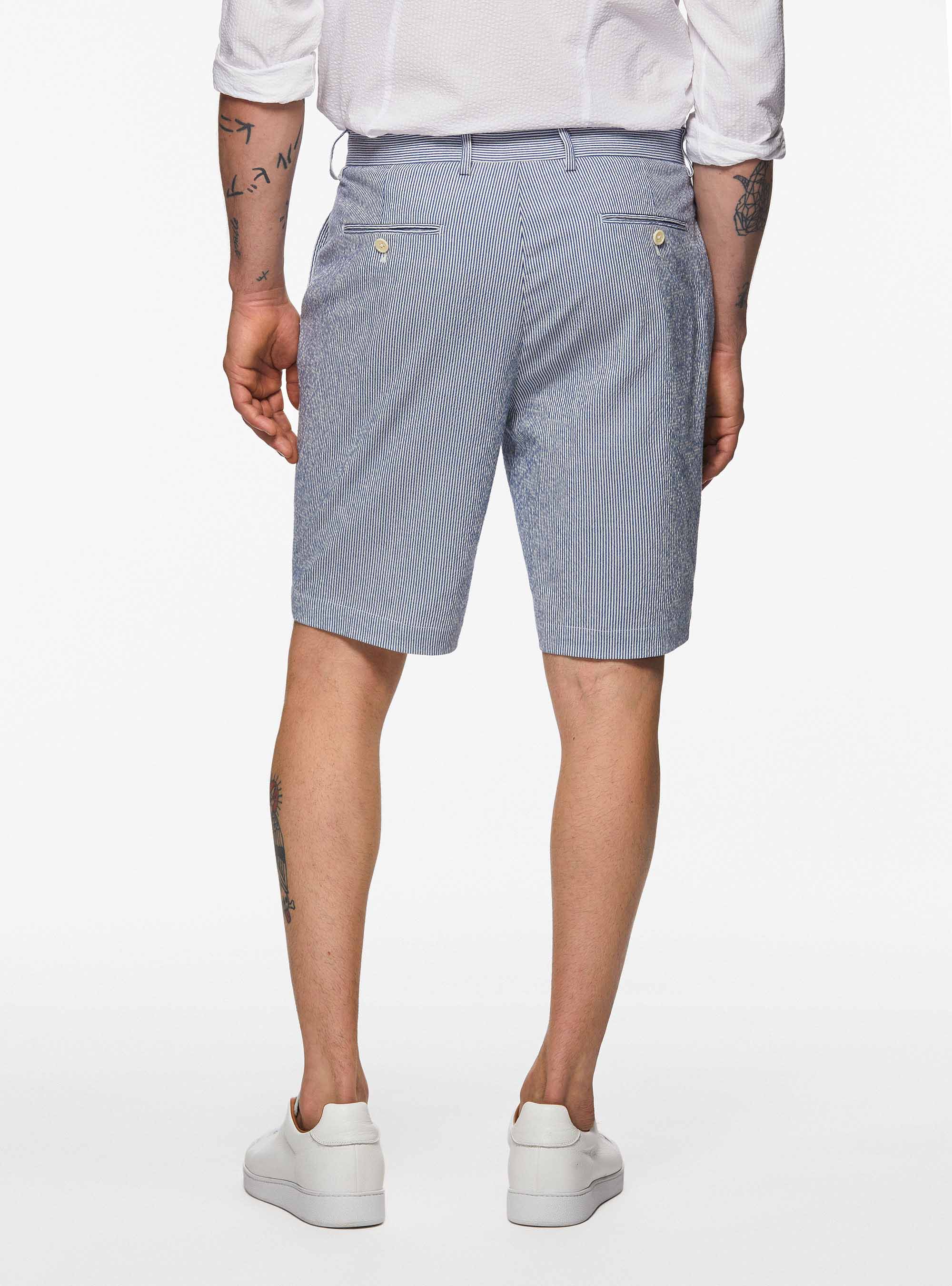 Bermuda en coton seersucker extensible, BLEU