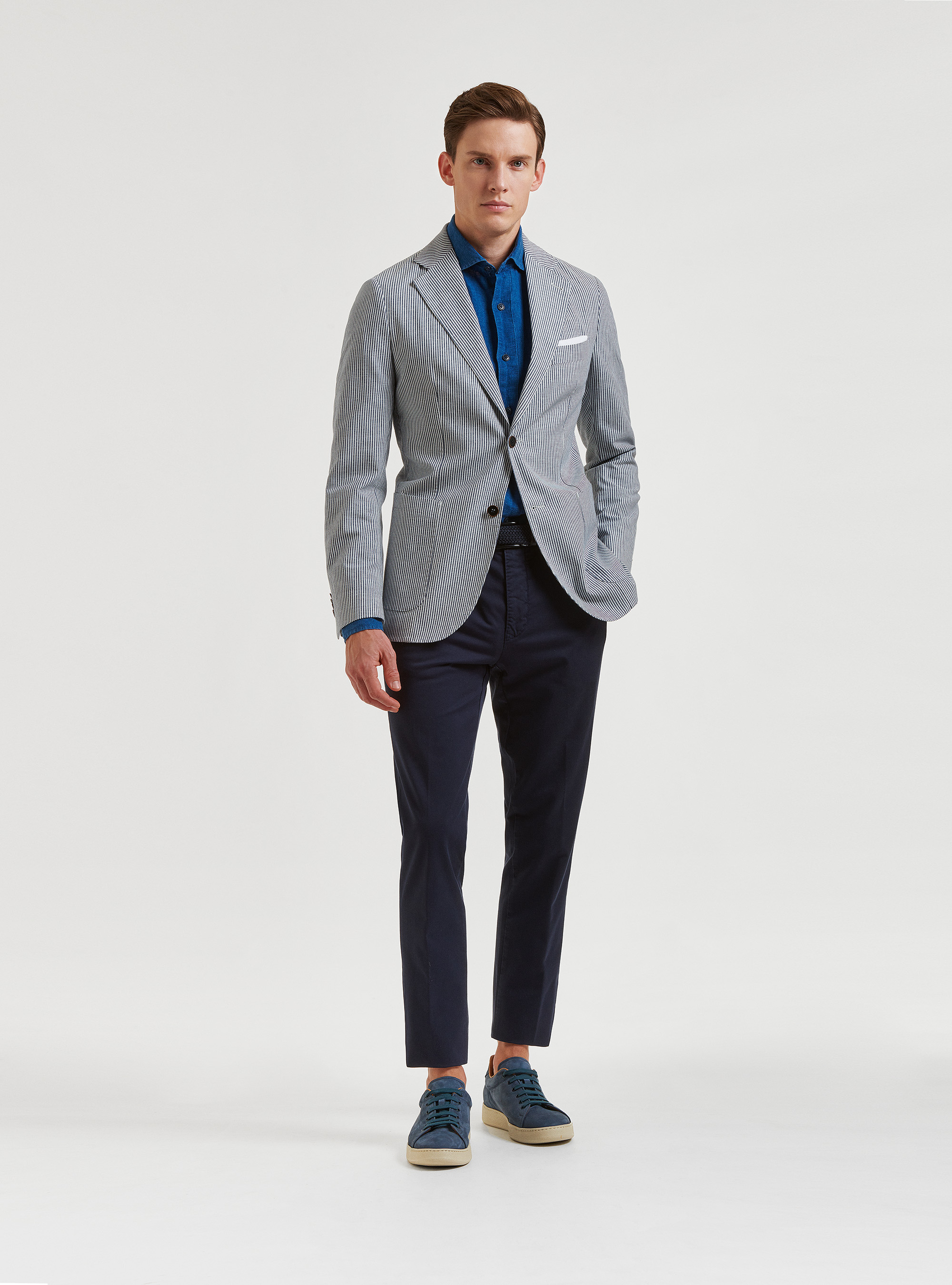 Giacca blu in cotone e lino rigato, BLU