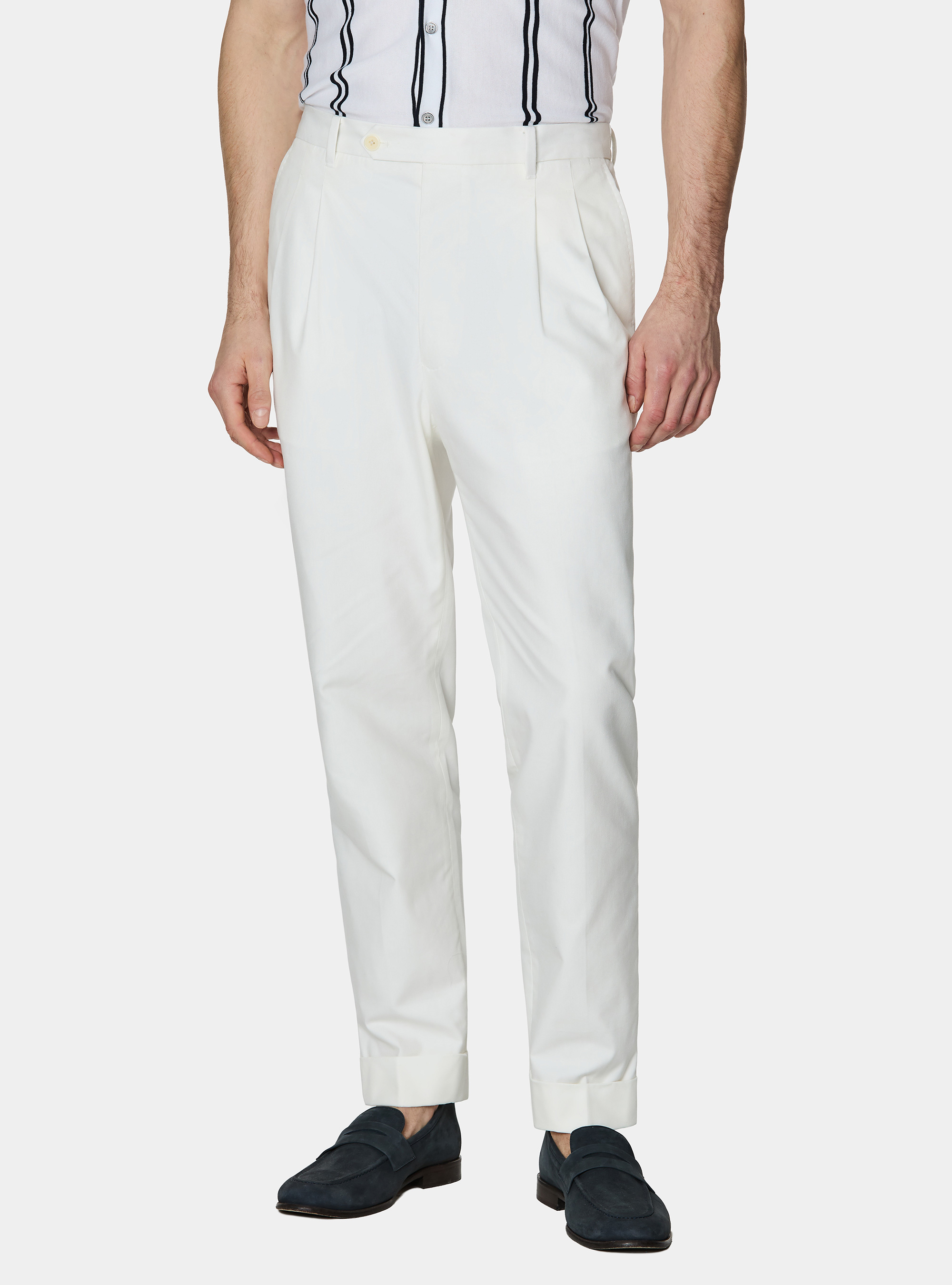 Trousers with pleats and elastic waistband in cotton tencel, WHITE