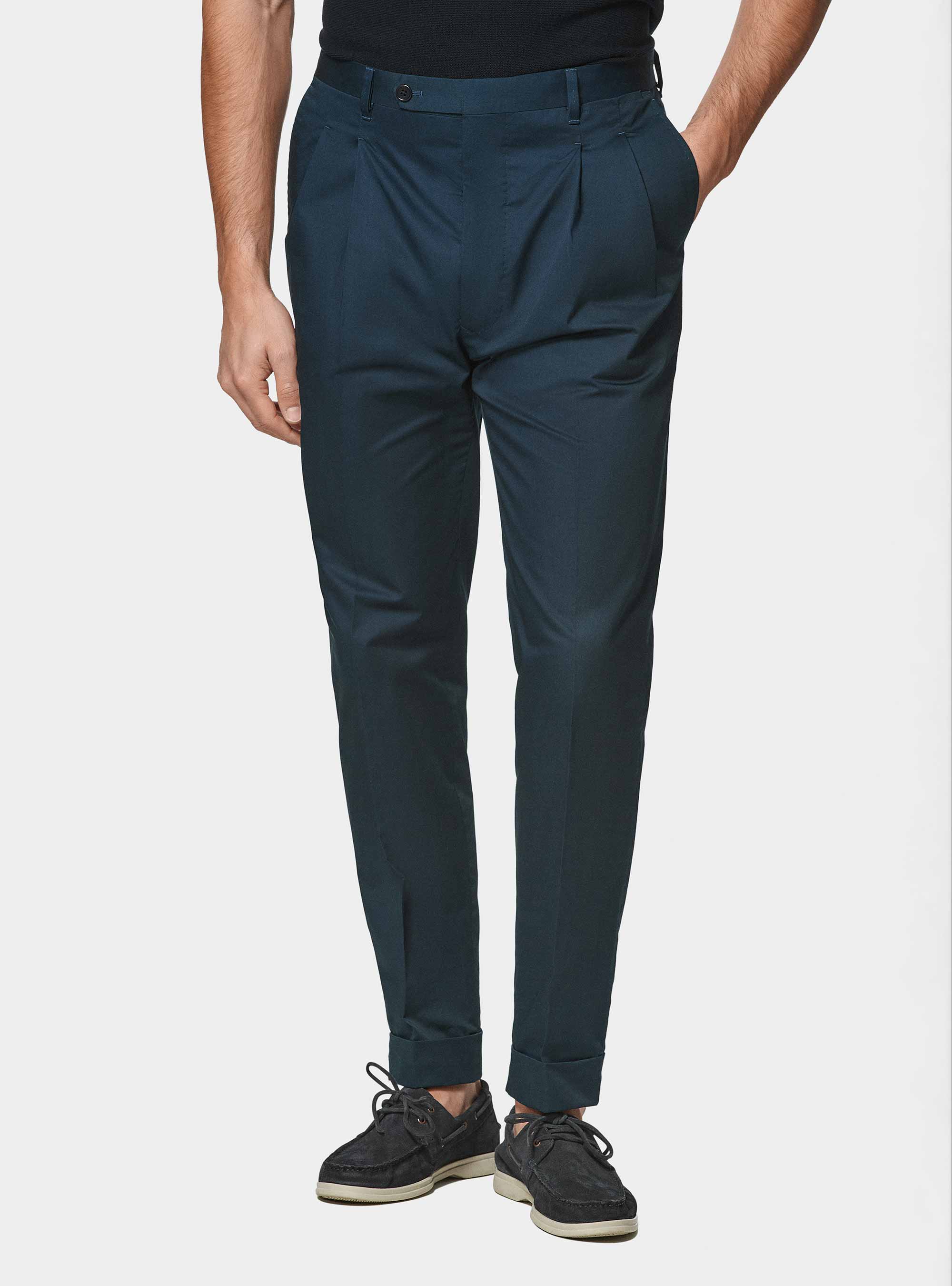 Pantaloni con pince in cotone popeline, BLU NAVY