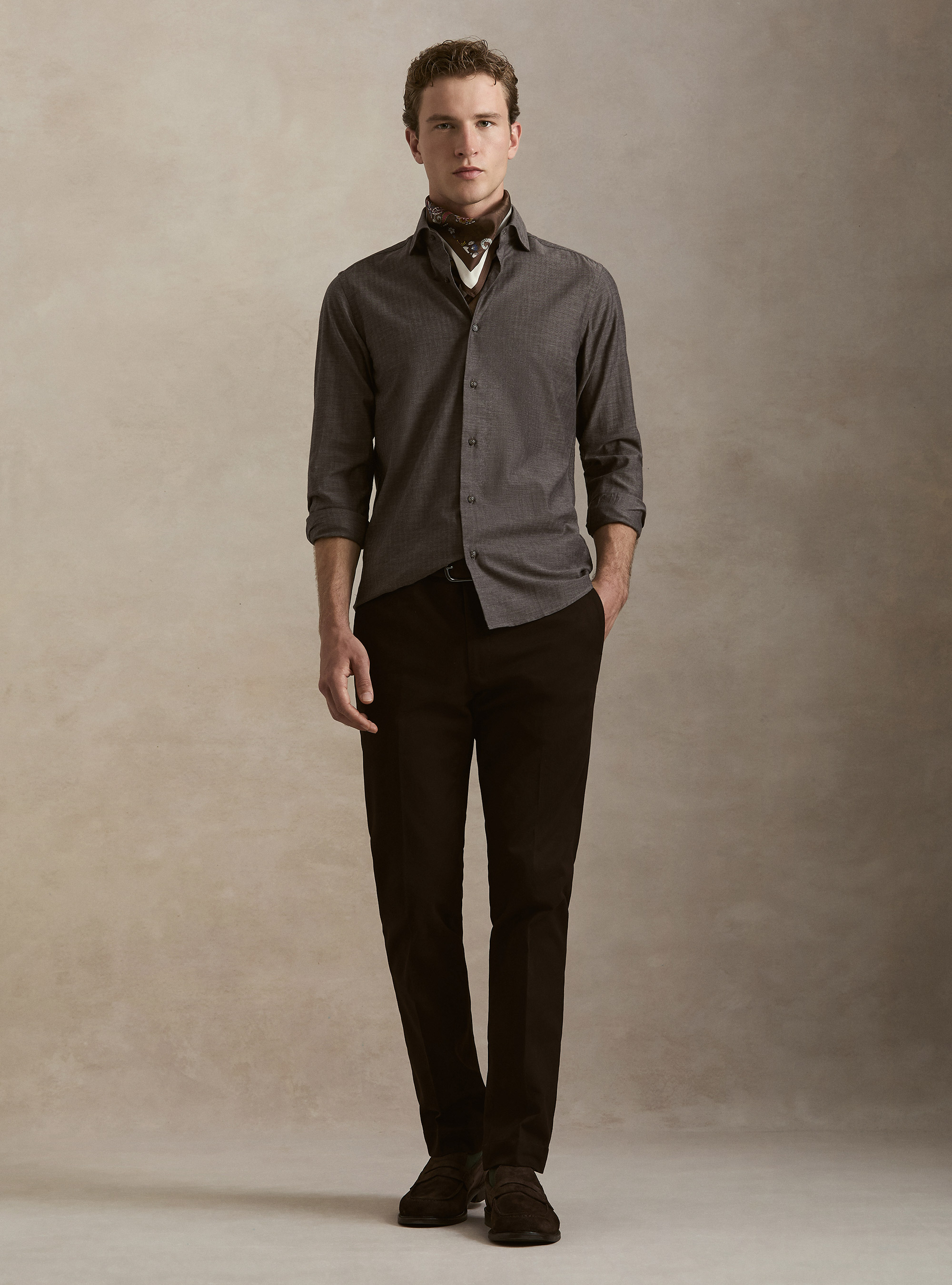 Camicia in flanella di cotone spigato, MARRONE