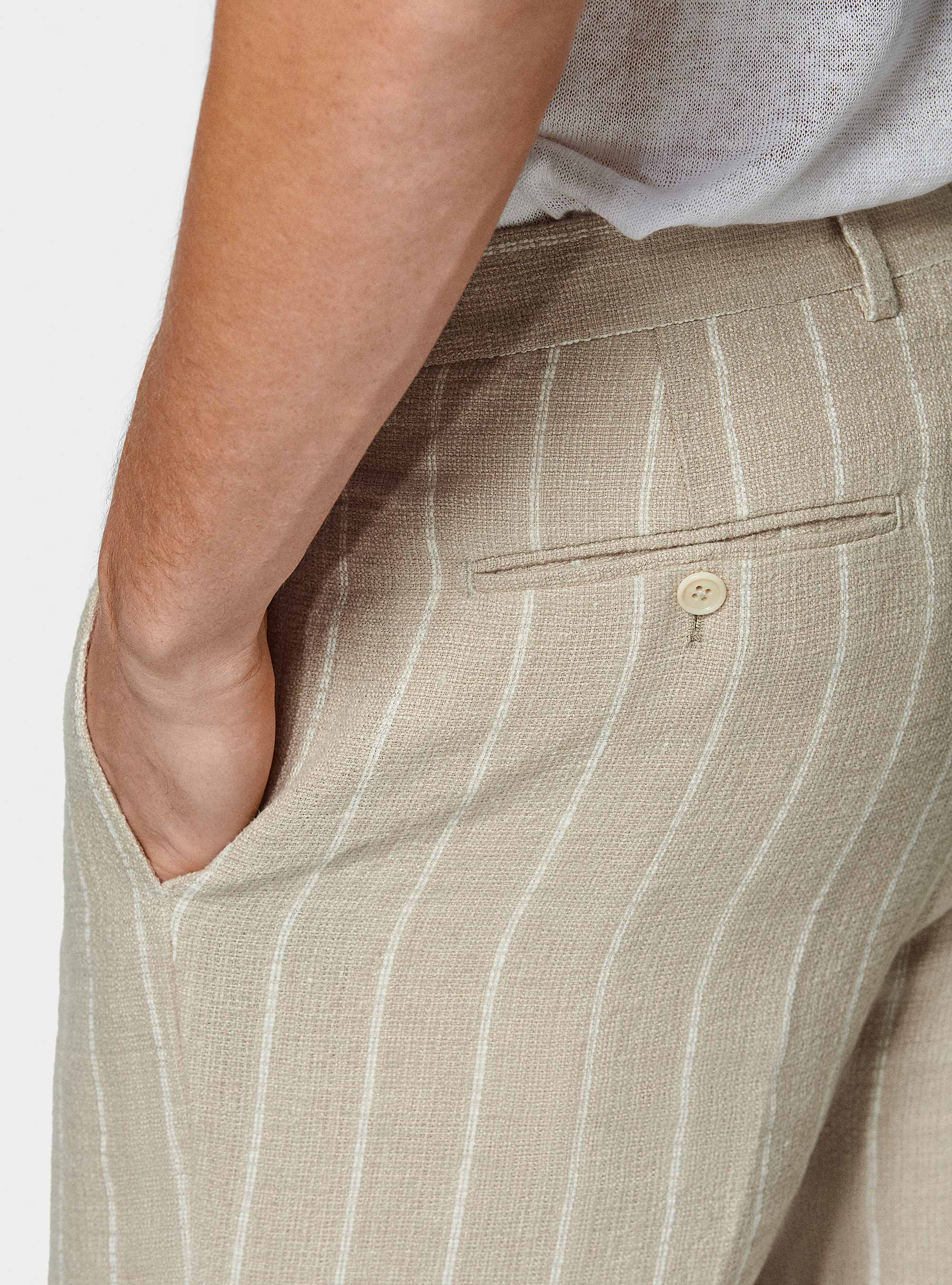Pure linen crepe striped suit trousers, SAND