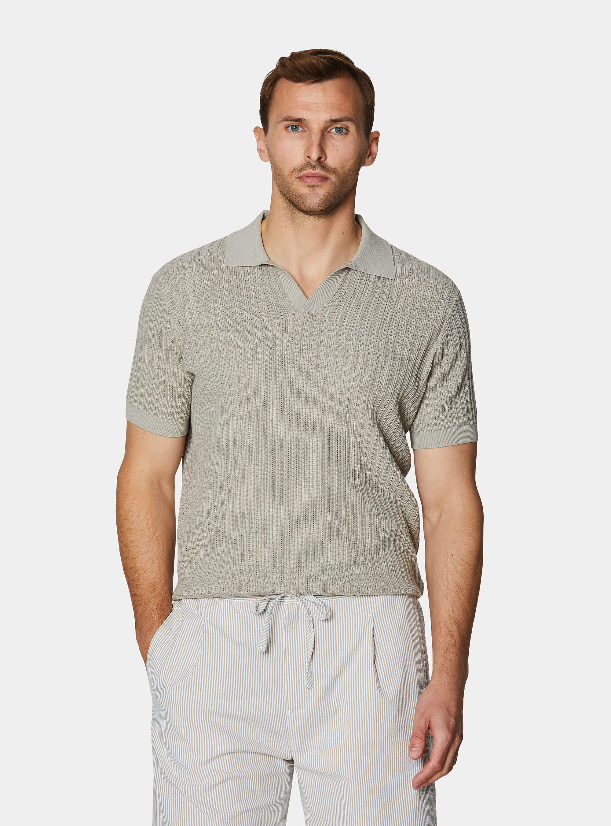 Polo in maglia traforata senza bottoni in cotone extrafine, SABBIA