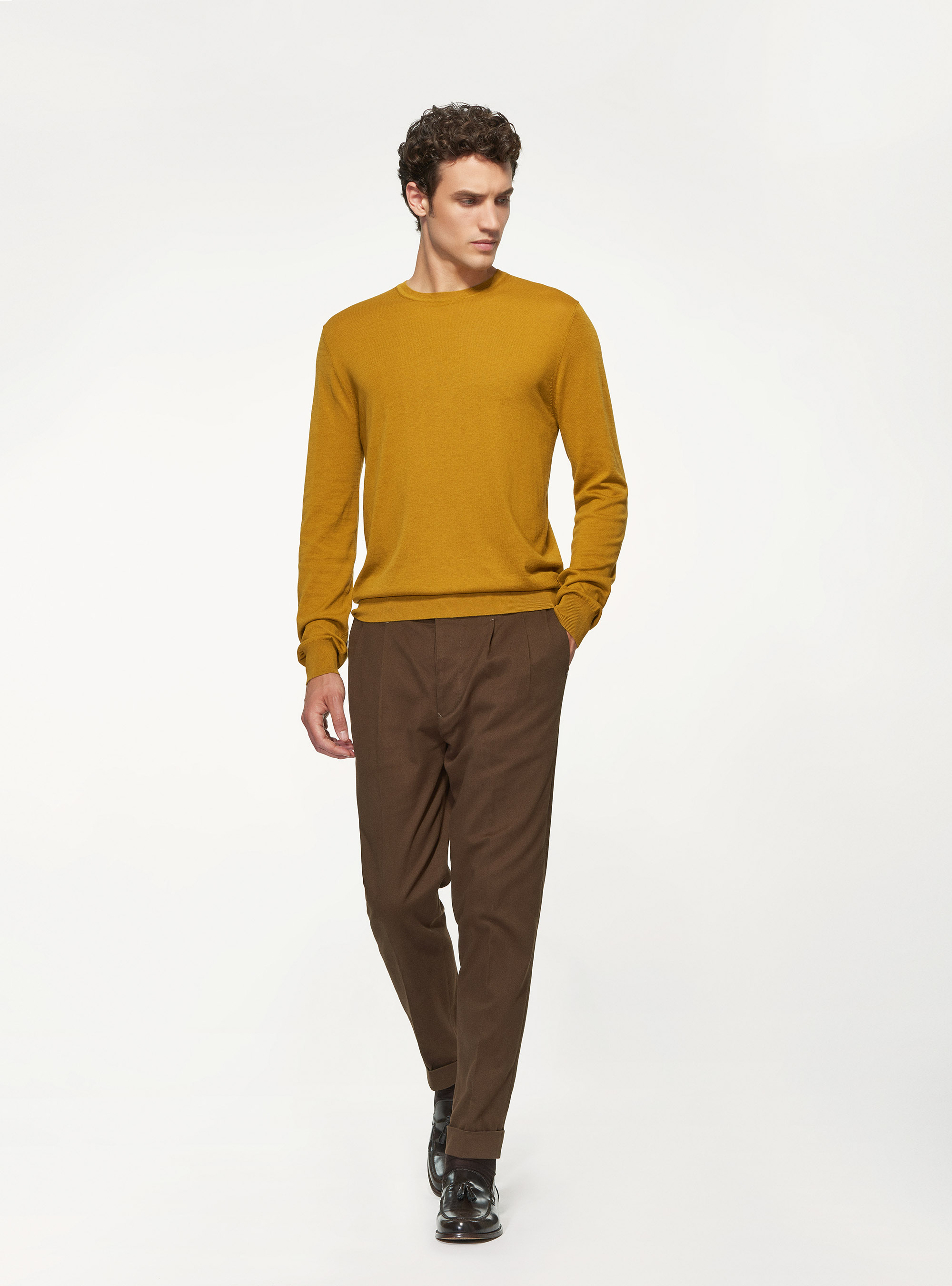 Maglia girocollo in seta cotone, SENAPE 0715C