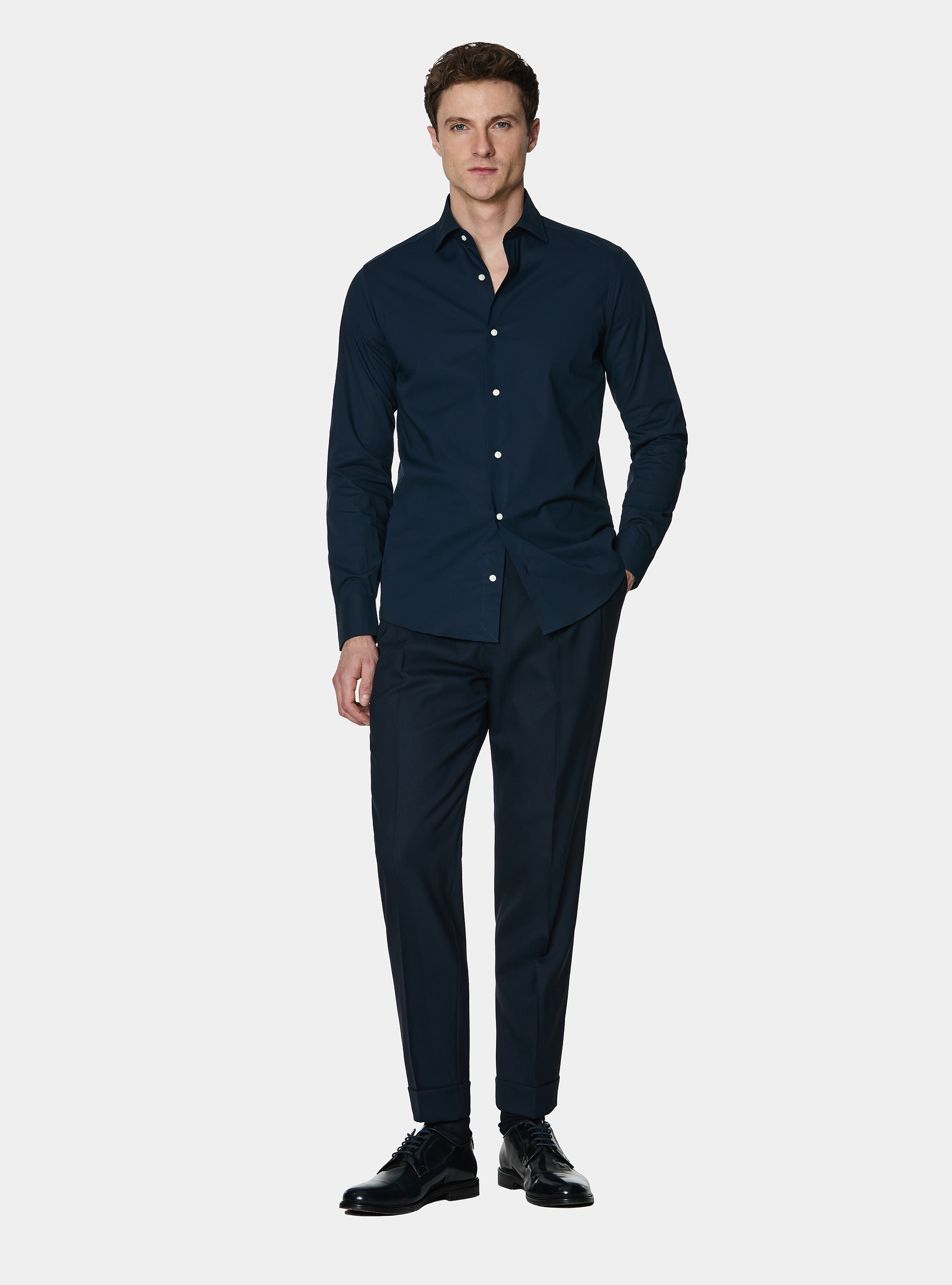 Cotton poplin stretch shirt, NAVY BLUE