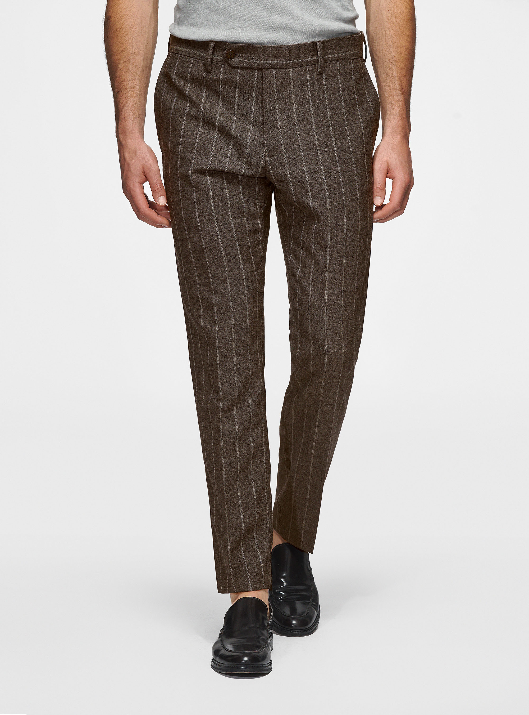 Pantalon marron en pure laine à rayures, BOUE