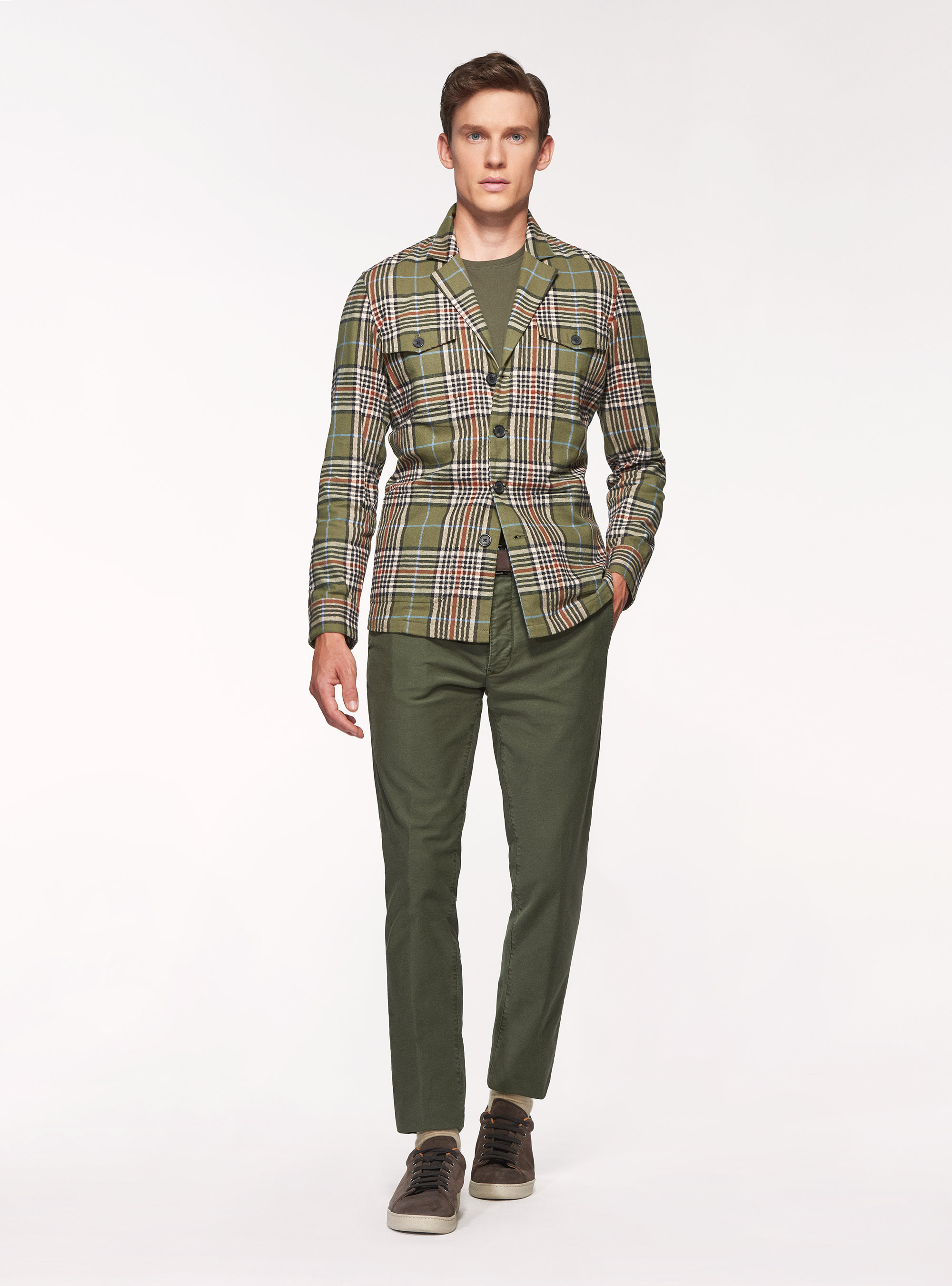 Giacca camicia a quadri in puro cotone, VERDE
