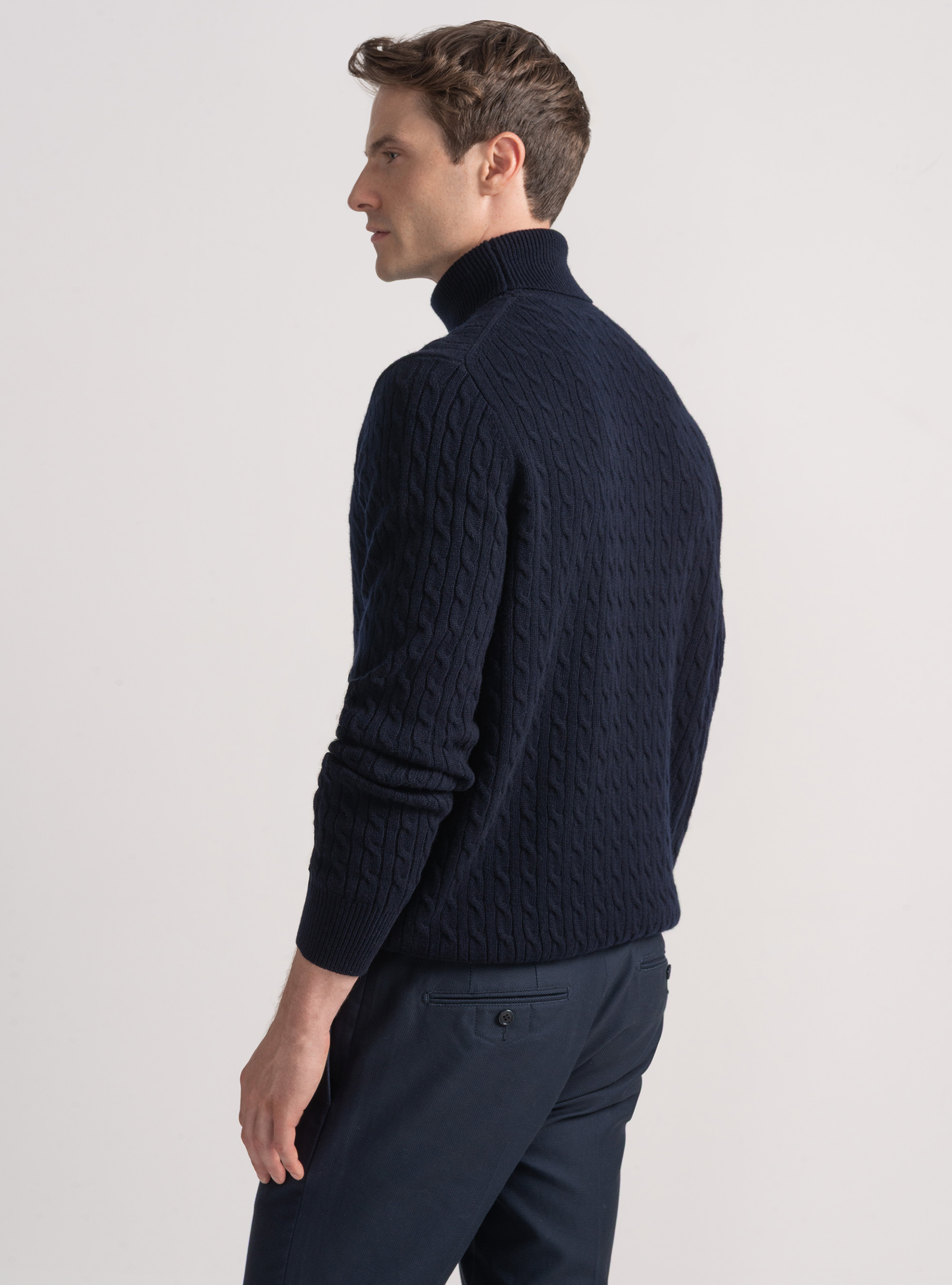 Turtleneck sweater with cashmere wool braid, NAVY BLUE