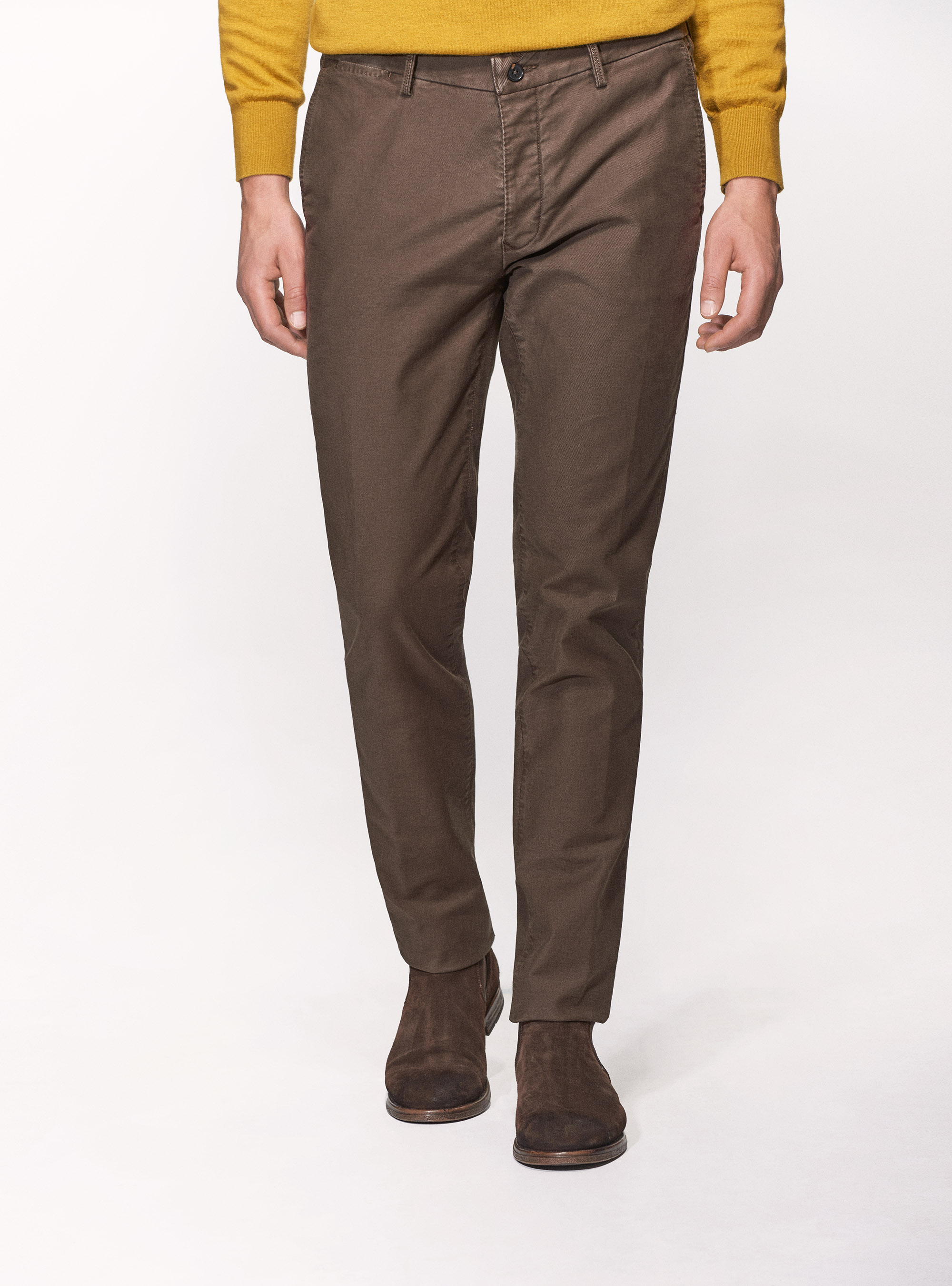 Pantaloni slack in cotone tinto capo, MARRONE