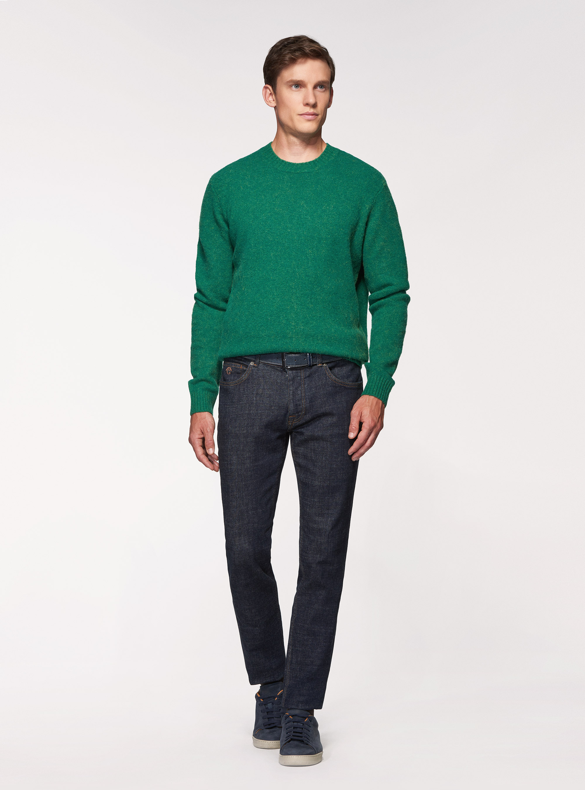 Jersey de cuello redondo en mezcla de lana cepillada, VERDE OLIVA