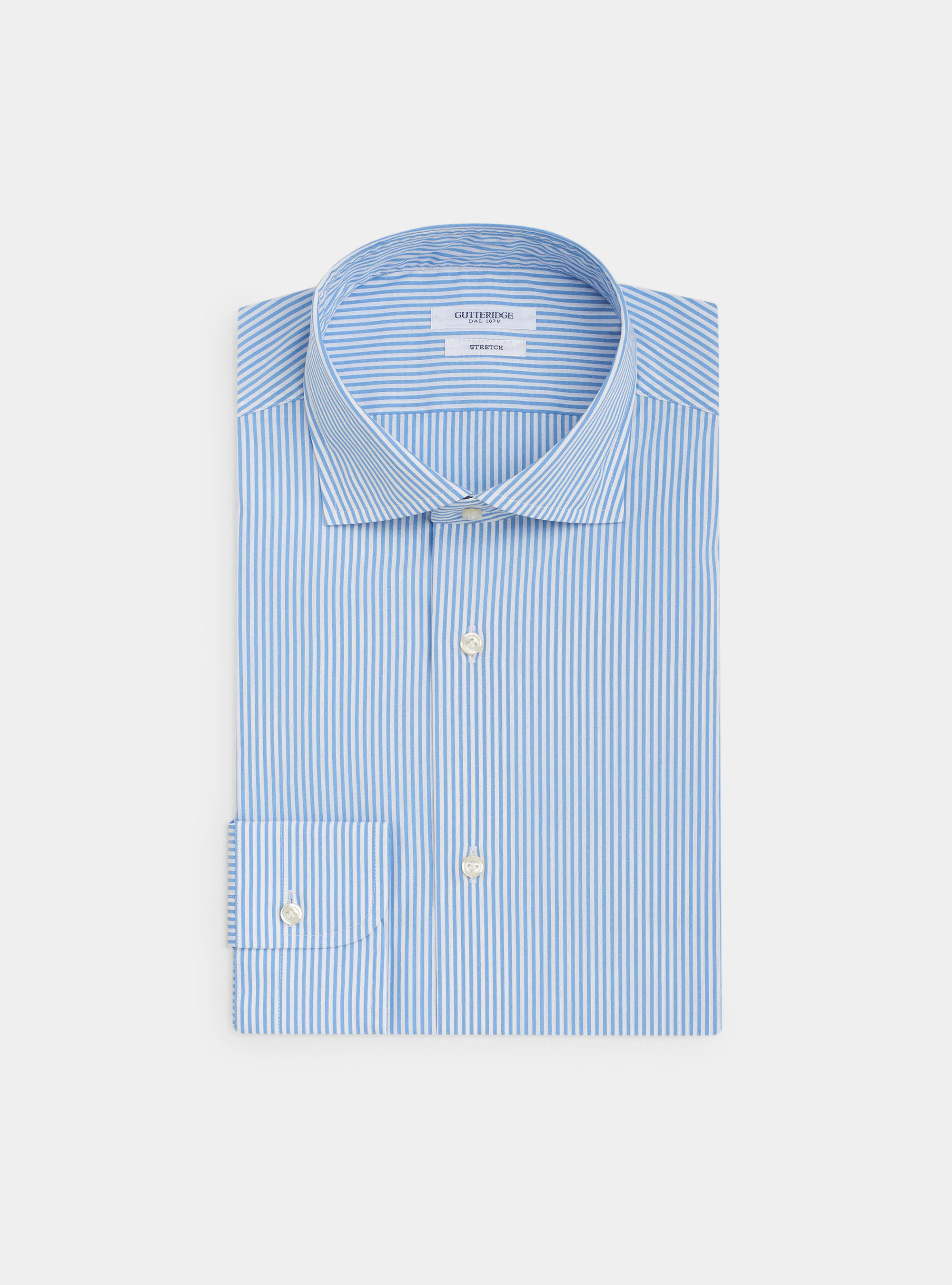 Semi-open french collar shirt in striped stretch cotton poplin, LIGHT BLUE
