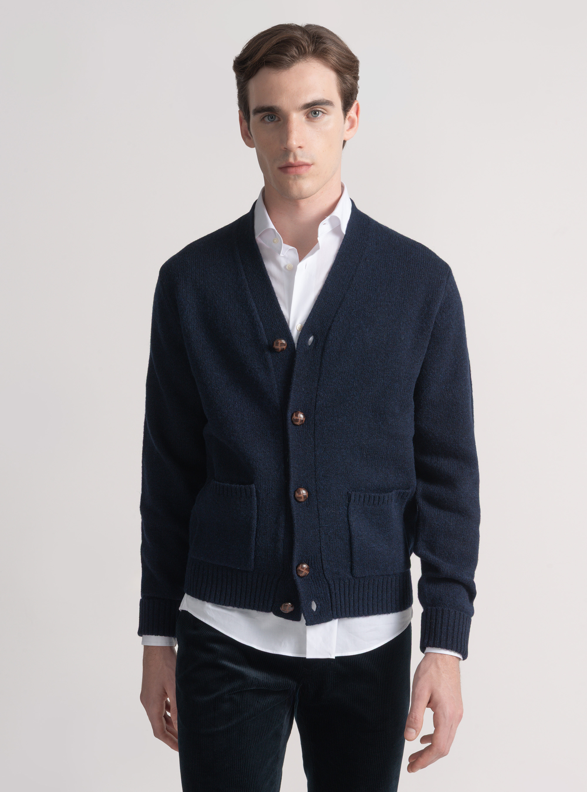 Shetland wool knit cardigan, NAVY BLUE