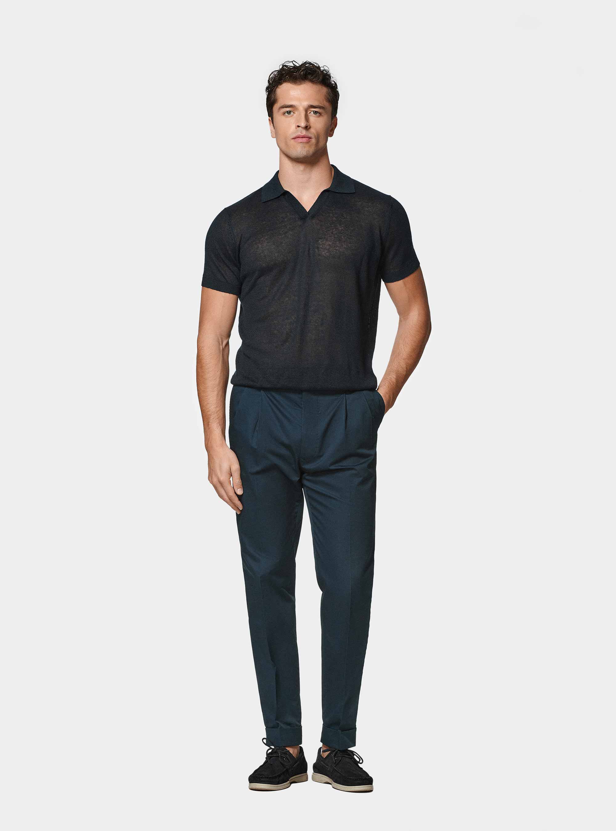 Polo in maglia senza bottoni in puro lino, BLU NAVY