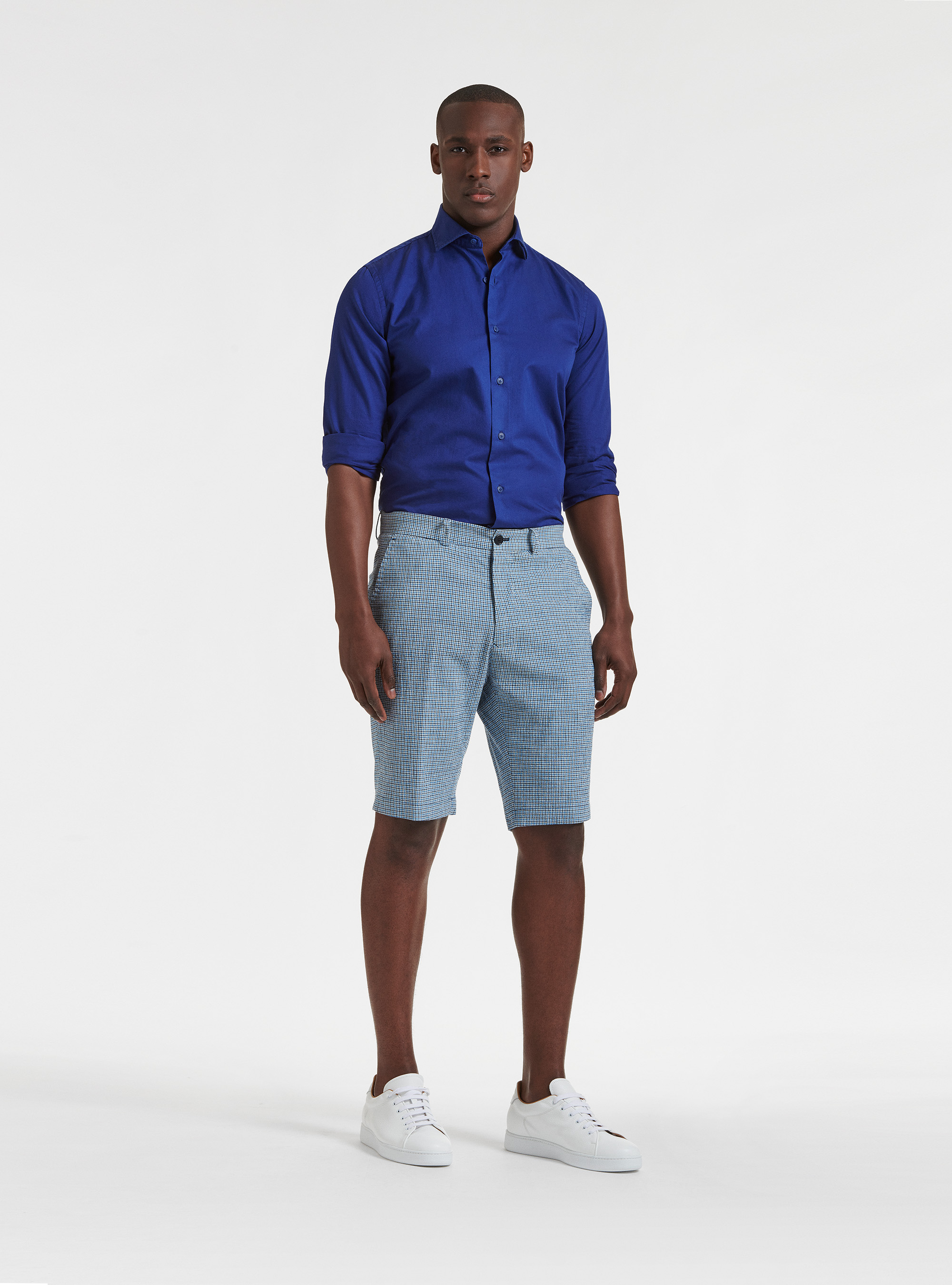 Checked cotton and linen seersucker shorts, BLUE