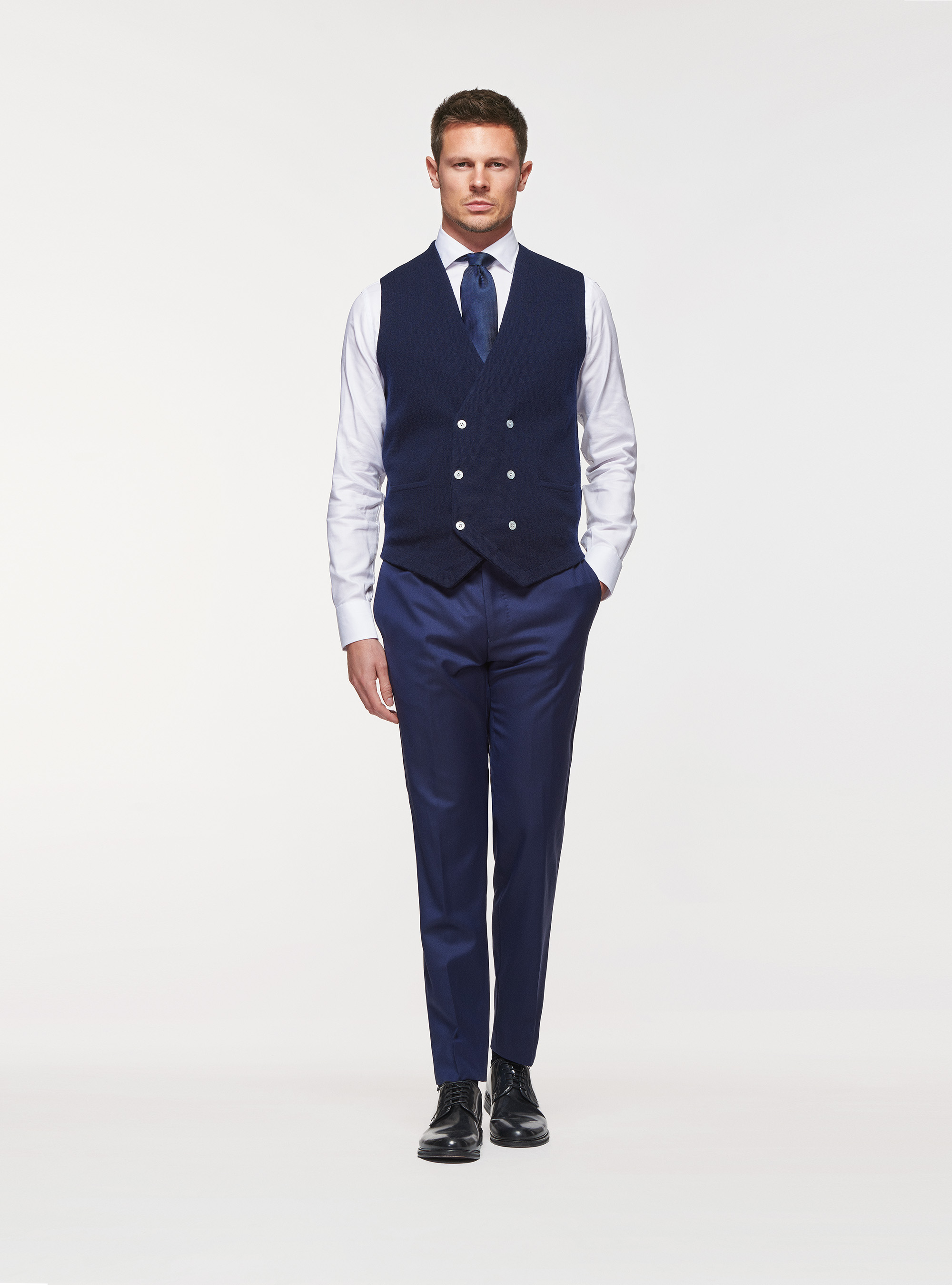 Double-breasted knitted gilet in pure merino wool, NAVY BLUE