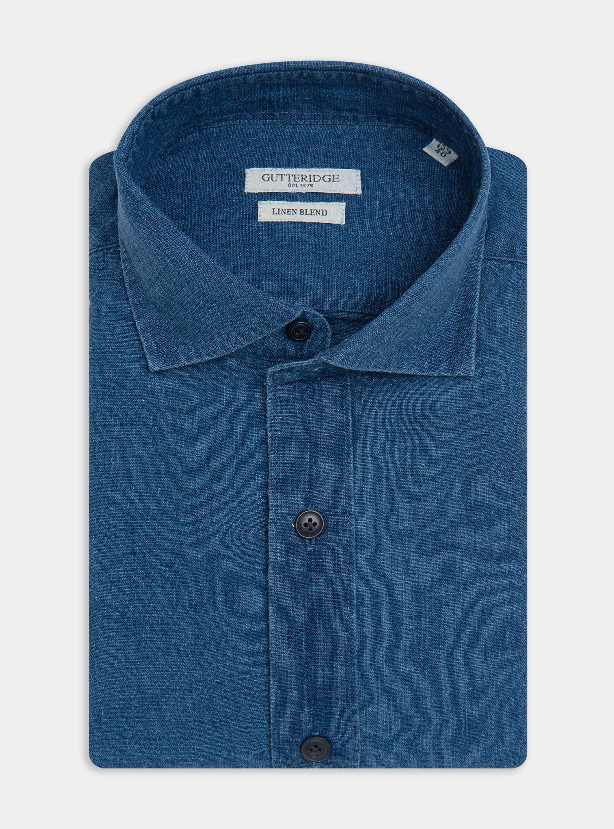 Hemd mit halb-franz&ouml;sischem Kragen aus Leinen-Baumwolle, BLUE 0241C
