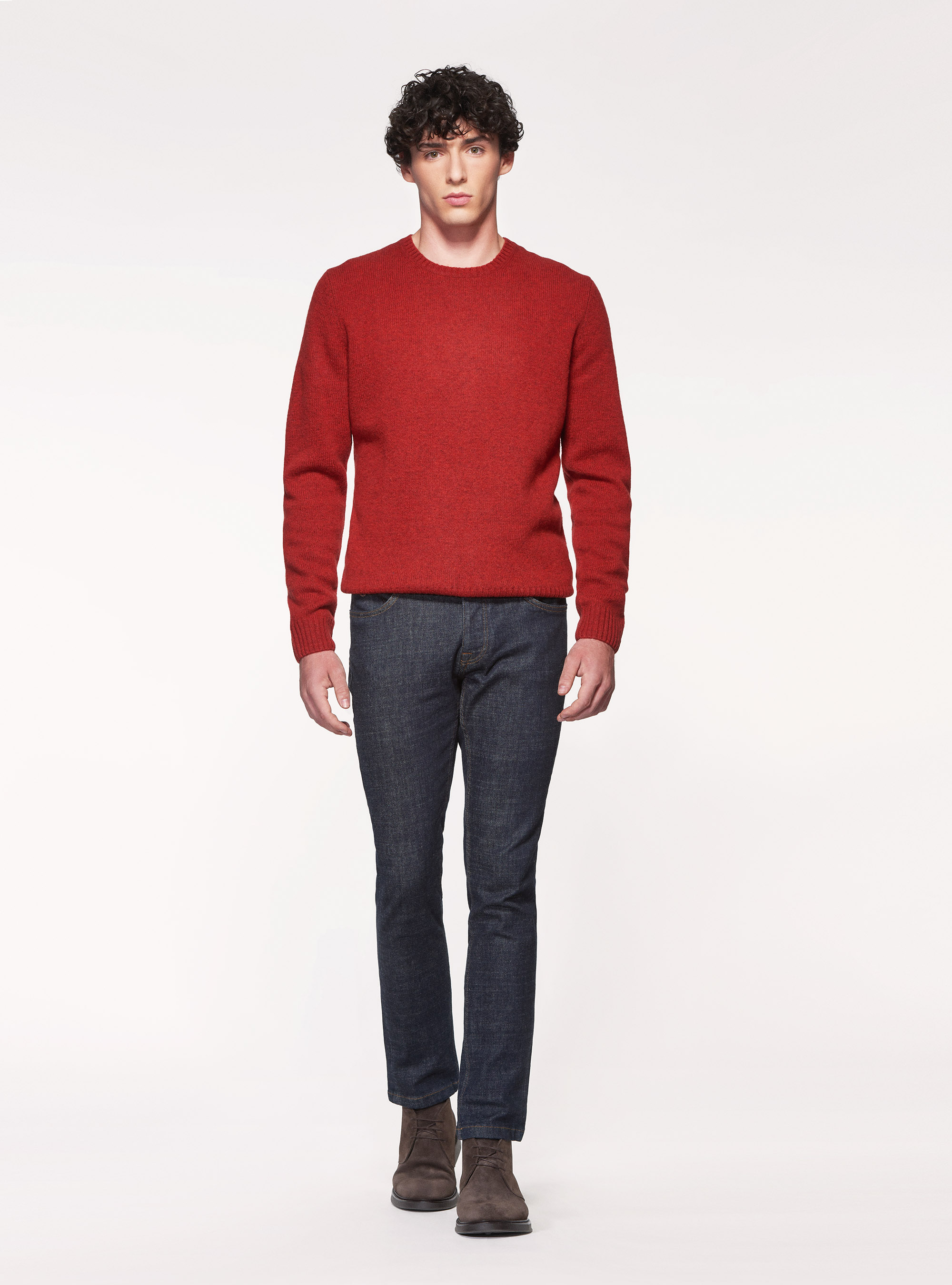 Maglia girocollo in pura lana shetland, MATTONE