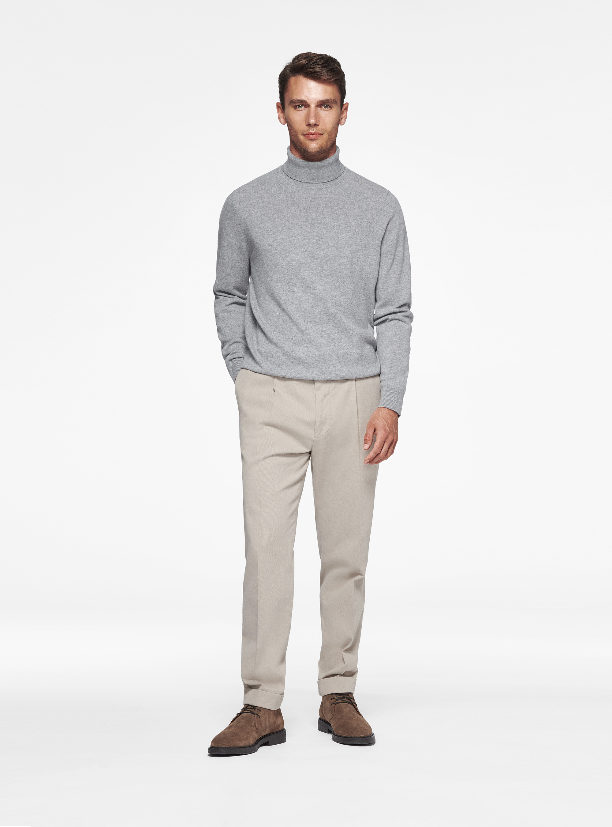 Pantaloni con pince in twill di cotone e cashmere, ECRU