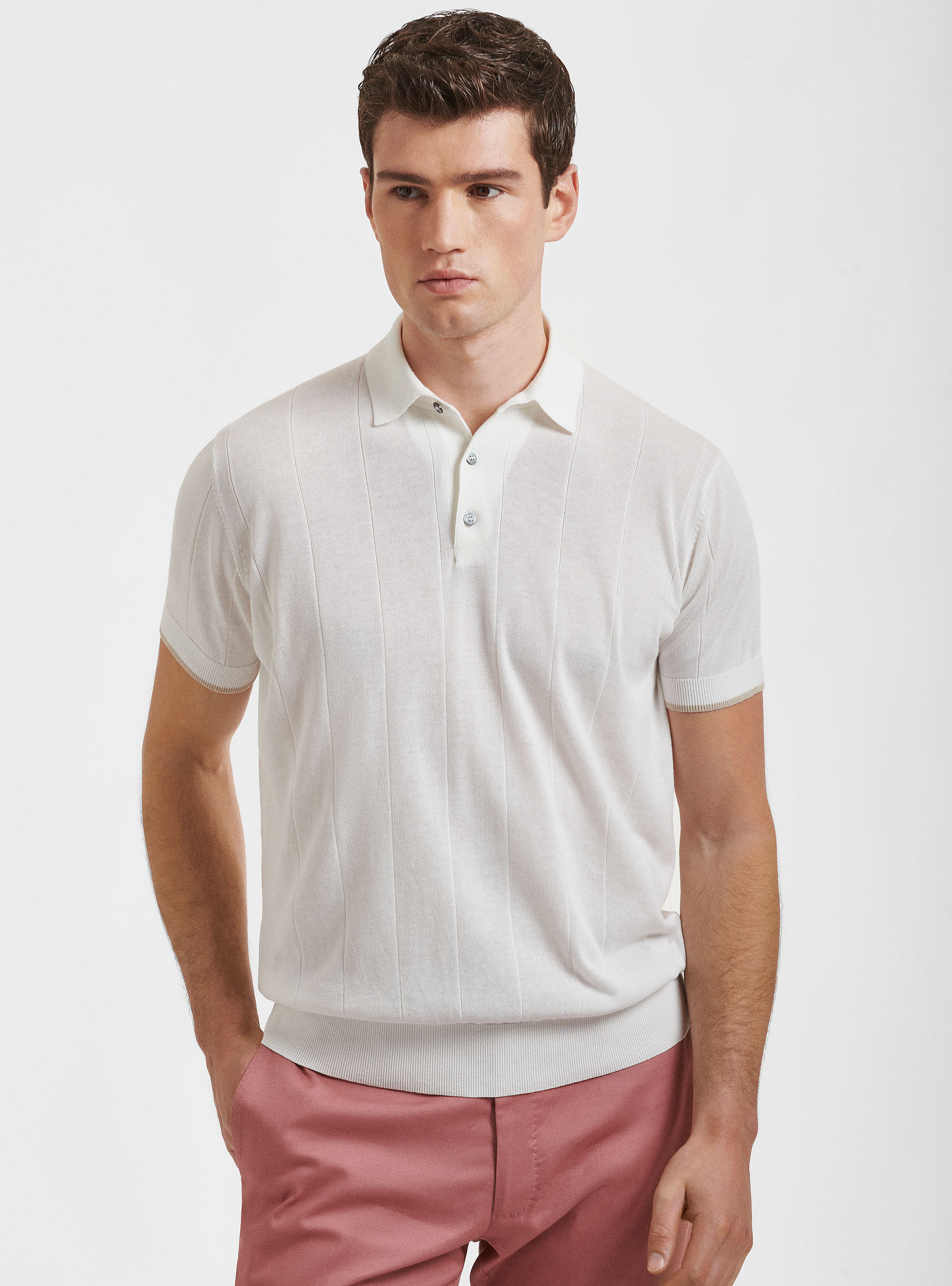Polo de algod&oacute;n puro con canal&eacute; plano, BLANCO