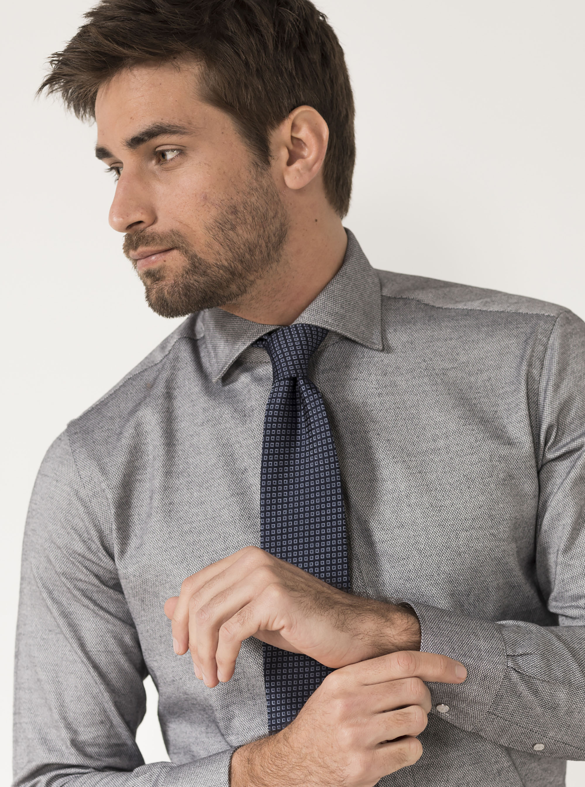 Cotton Flannel French Collar Shirt, BLACK