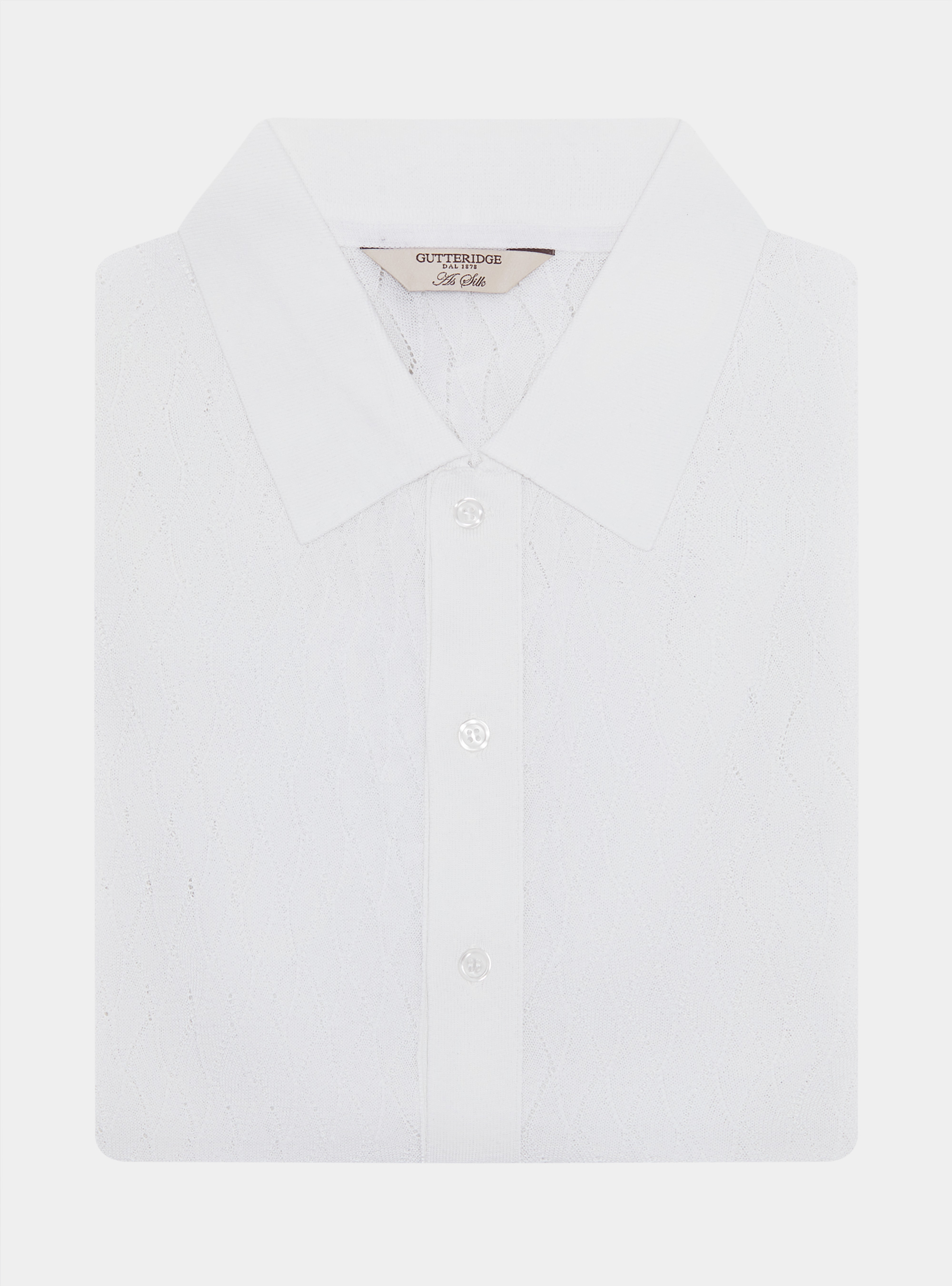 Polo camicia in maglia traforata in cotone e seta, BIANCO