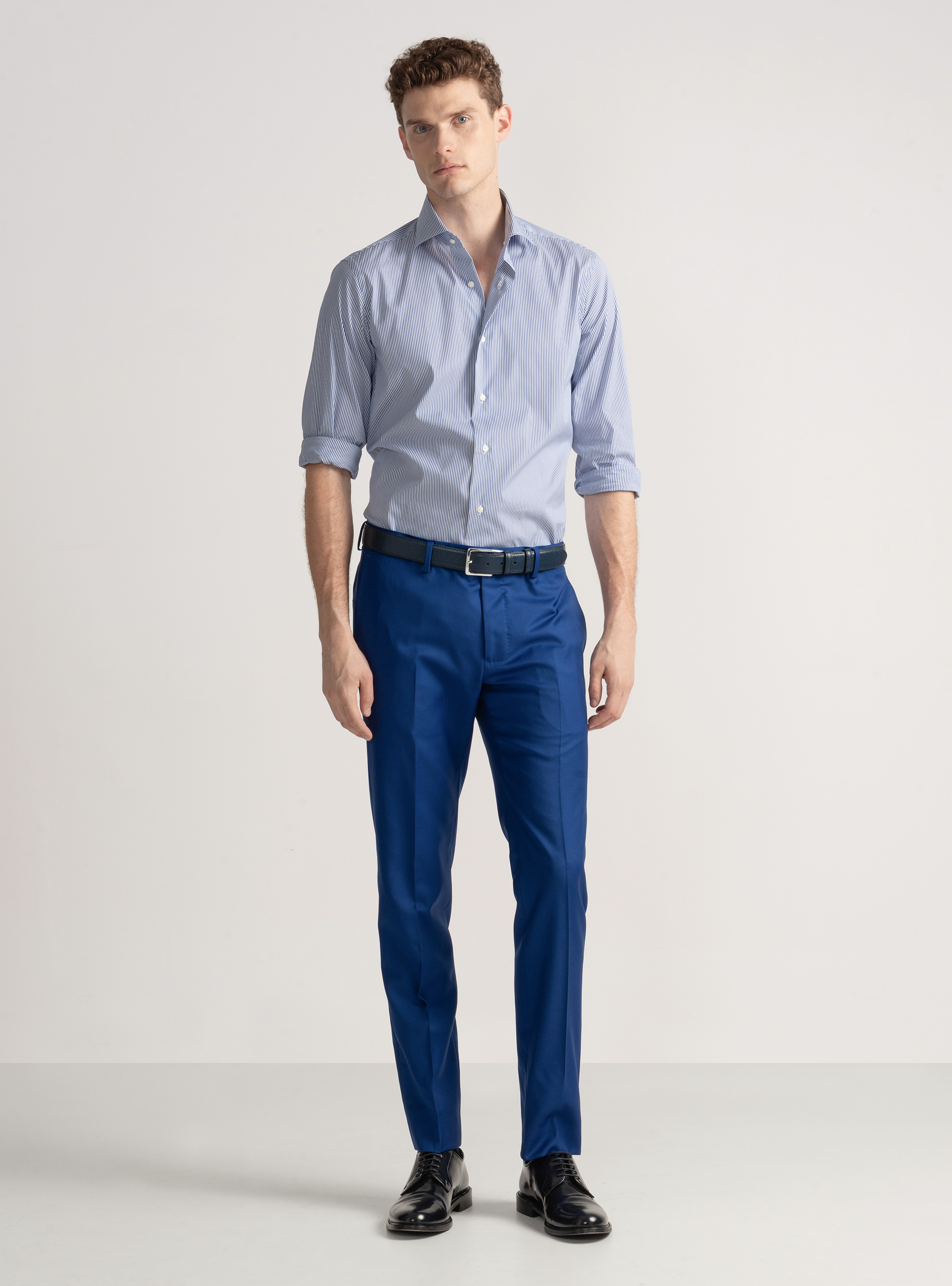 Camicia in cotone rigato popeline stretch, BLU