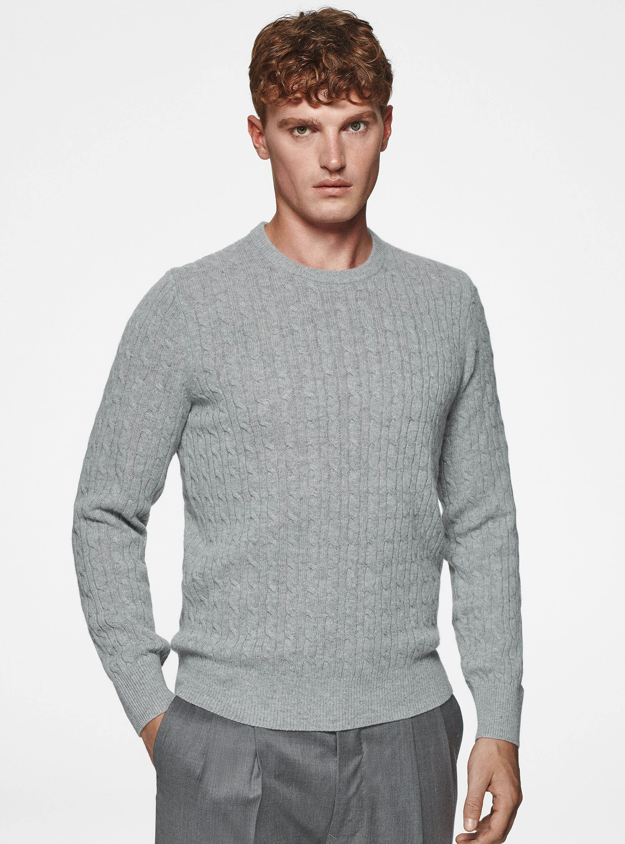Maglia girocollo in lana cashmere a treccia, GRIGIO MELANGE 0151C