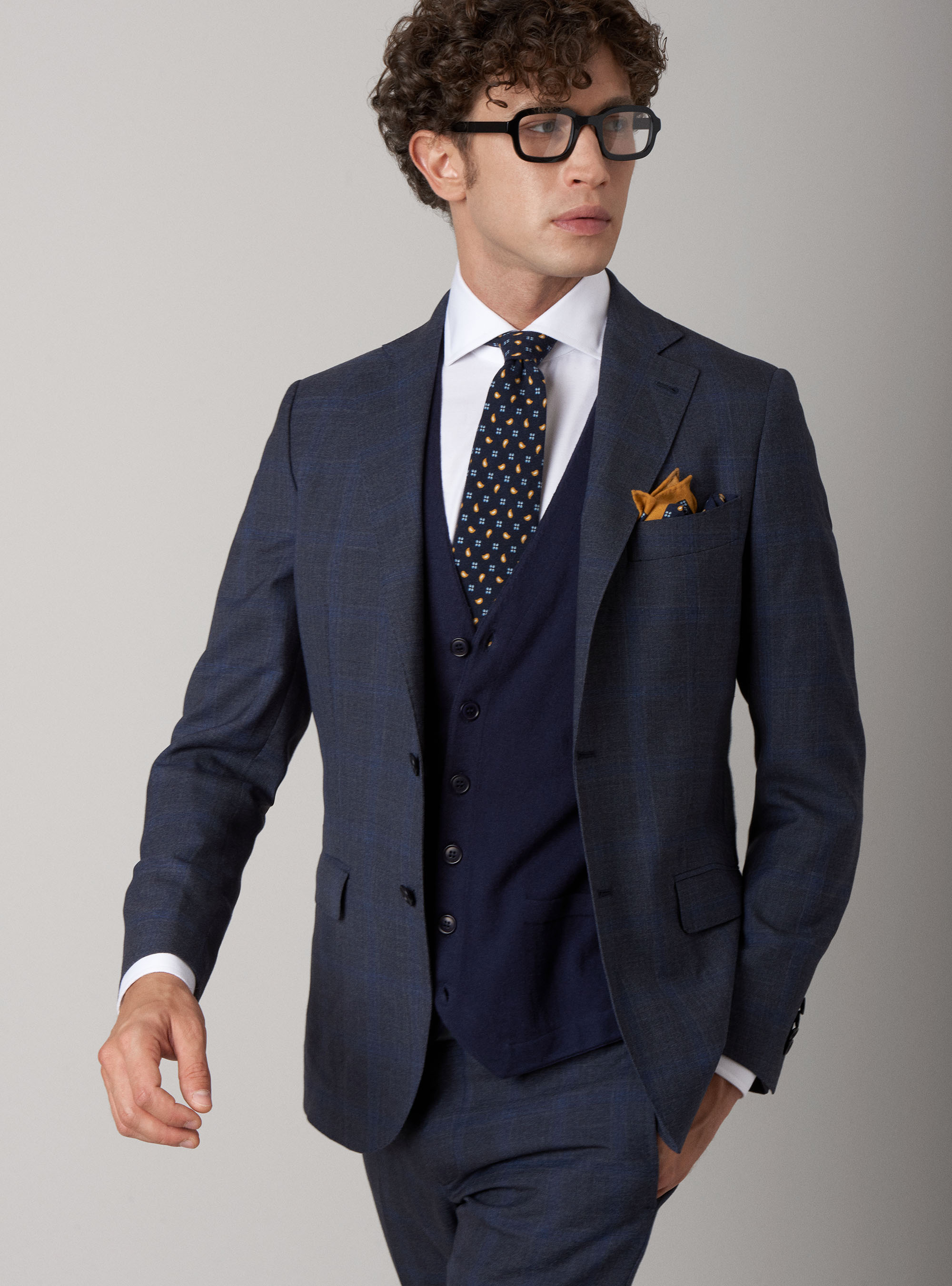 Giacca per abito a quadri in lana superfine 120, BLU NAVY