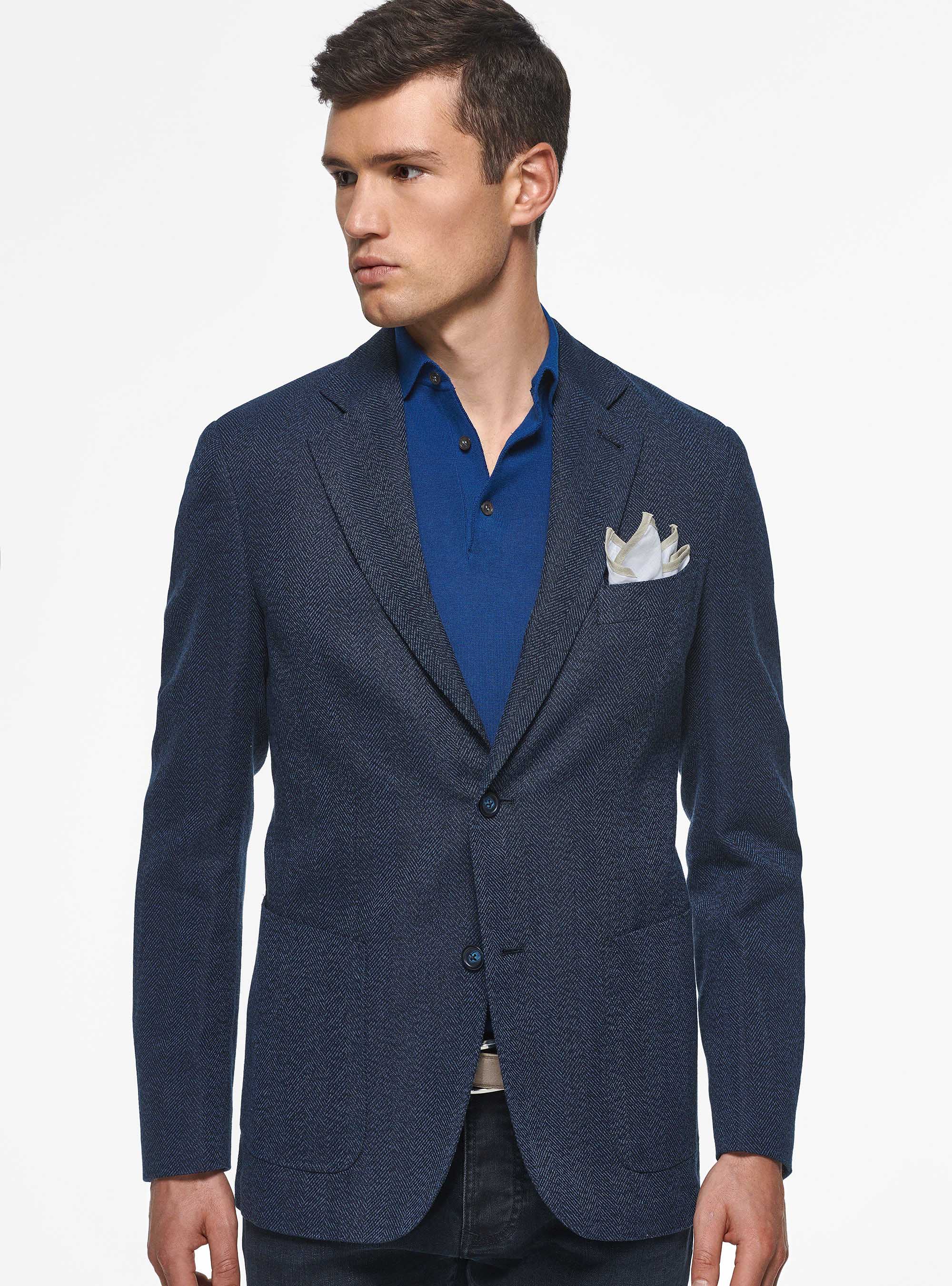 Giacca in cotone e lino spigato, BLU SCURO